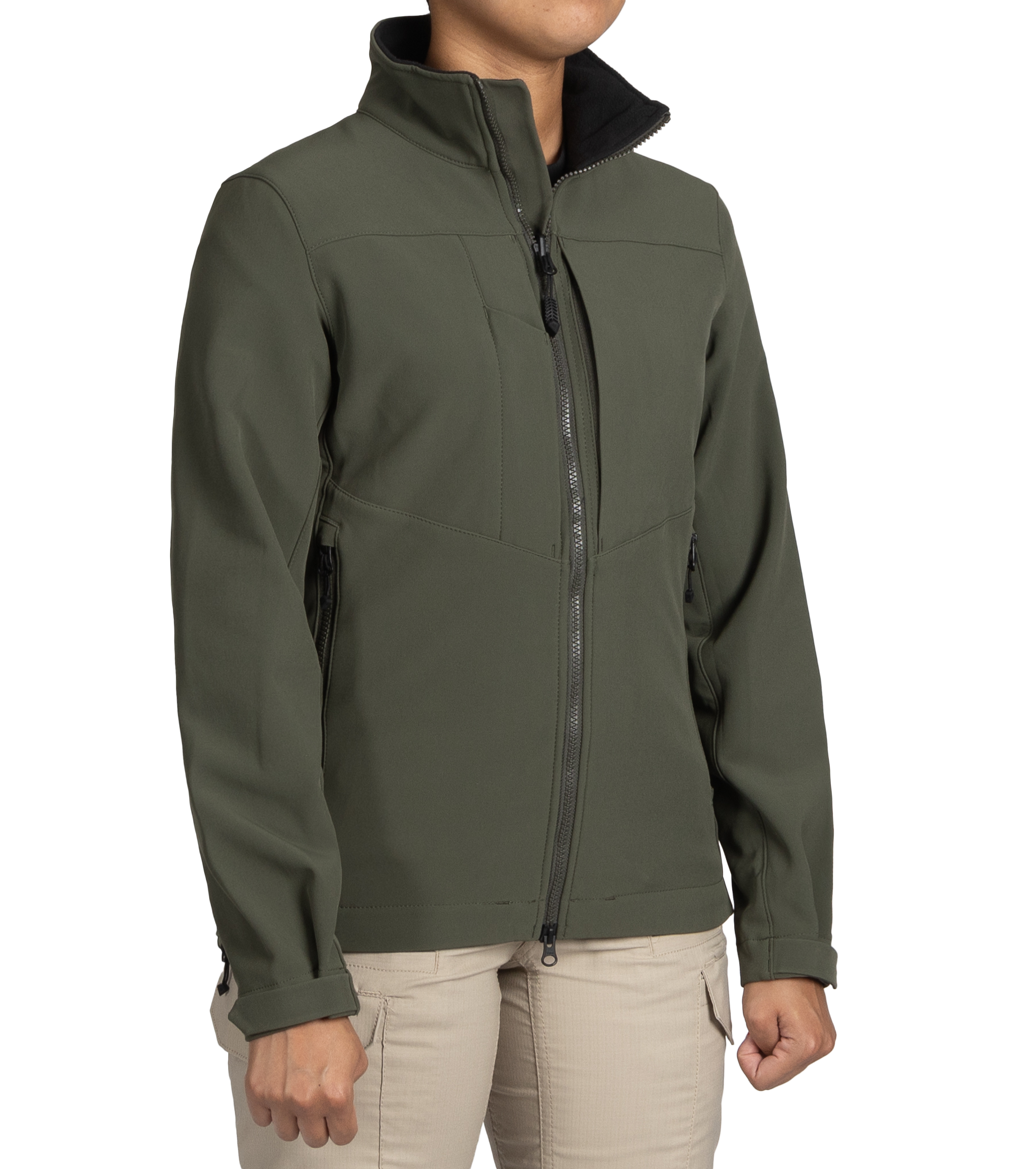 Right front side view of Women’s Tactix Softshell Jacket in OD Green|color_od green