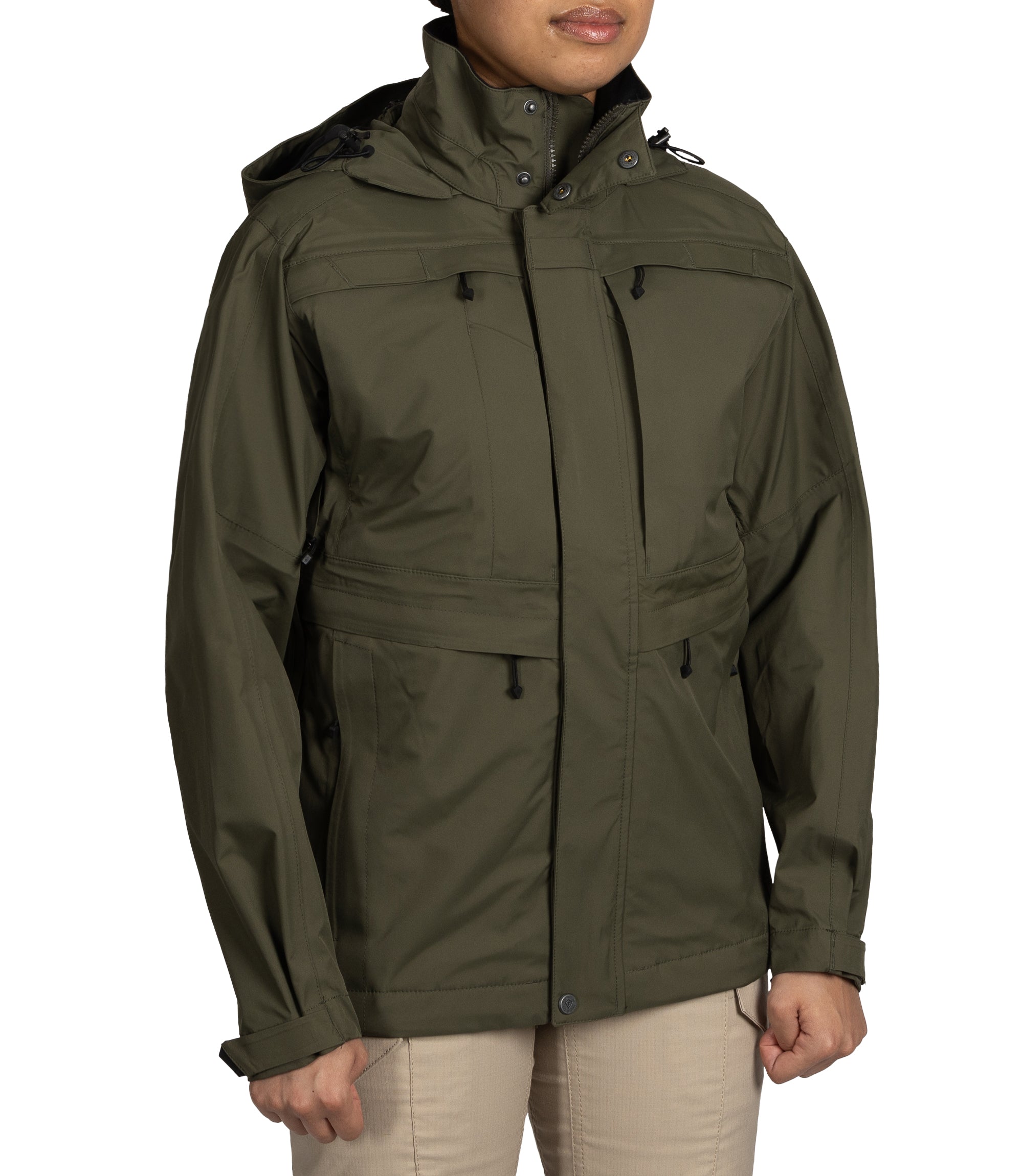 Right front side view of Women’s Tactix 3-In-1 System Jacket in OD Green|color_od green