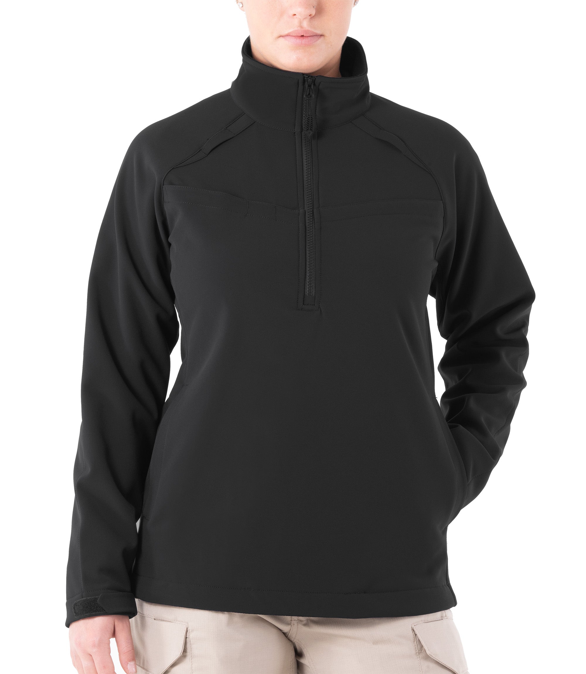 Front of Women's Tactix Softshell Pullover in Black|color_black