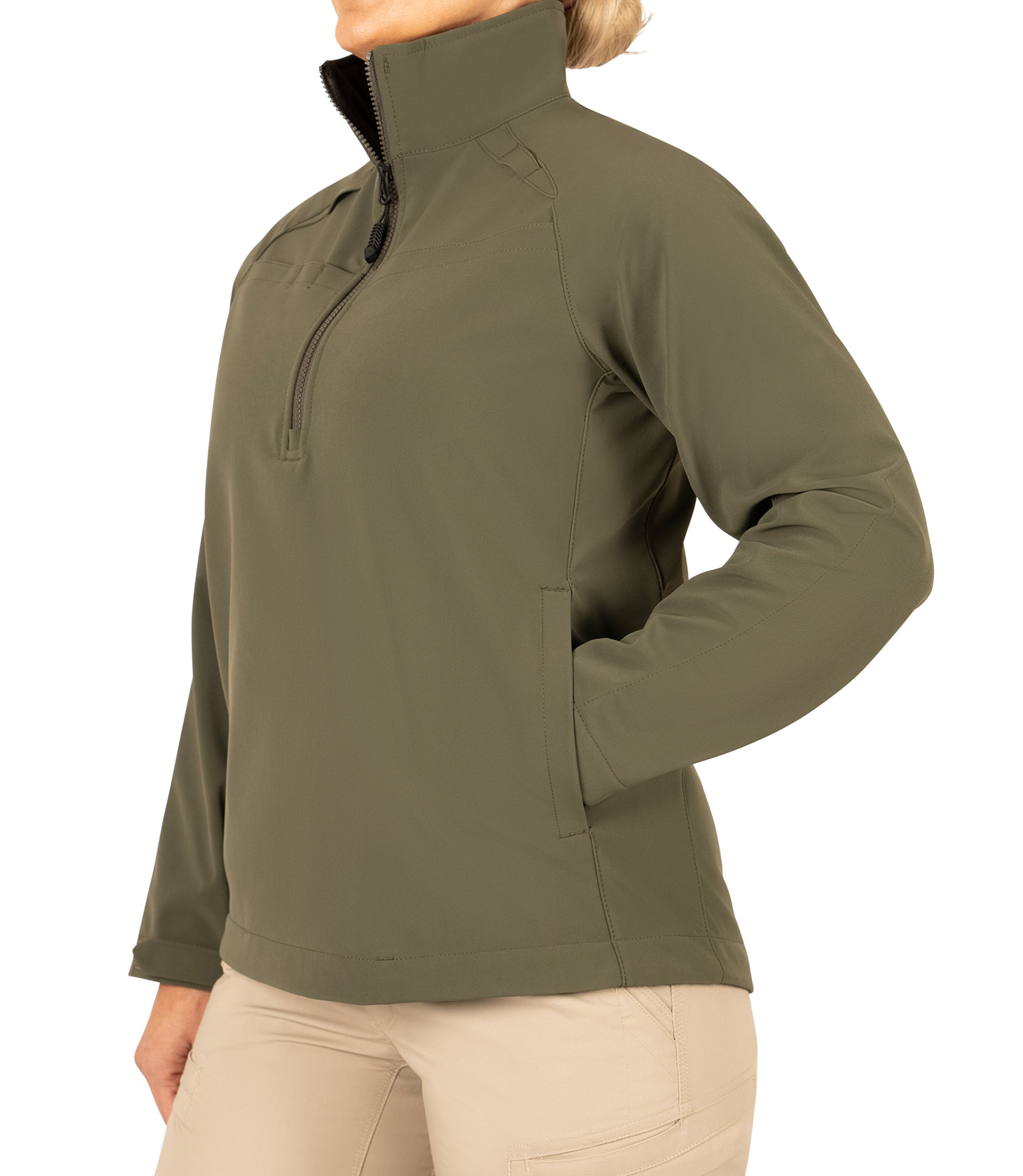 Right side front 1/4 view of Women's Softshell Pullover in color OD Green |color_od green