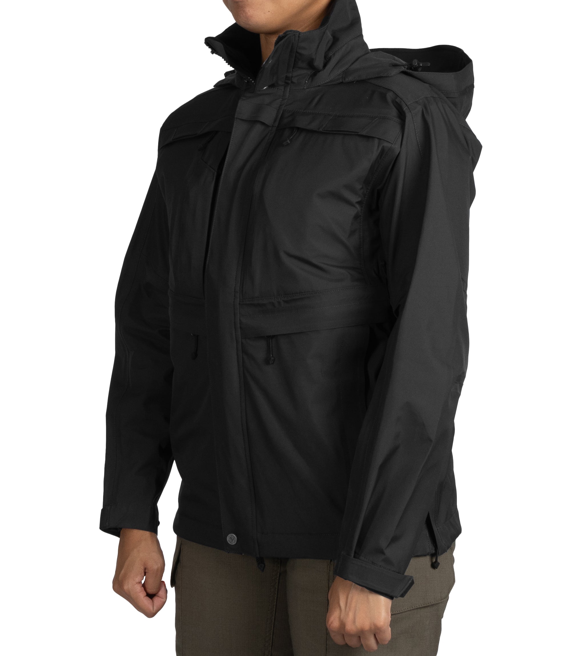 Left front side view of Women’s Tactix Parka Shell Black|color_black