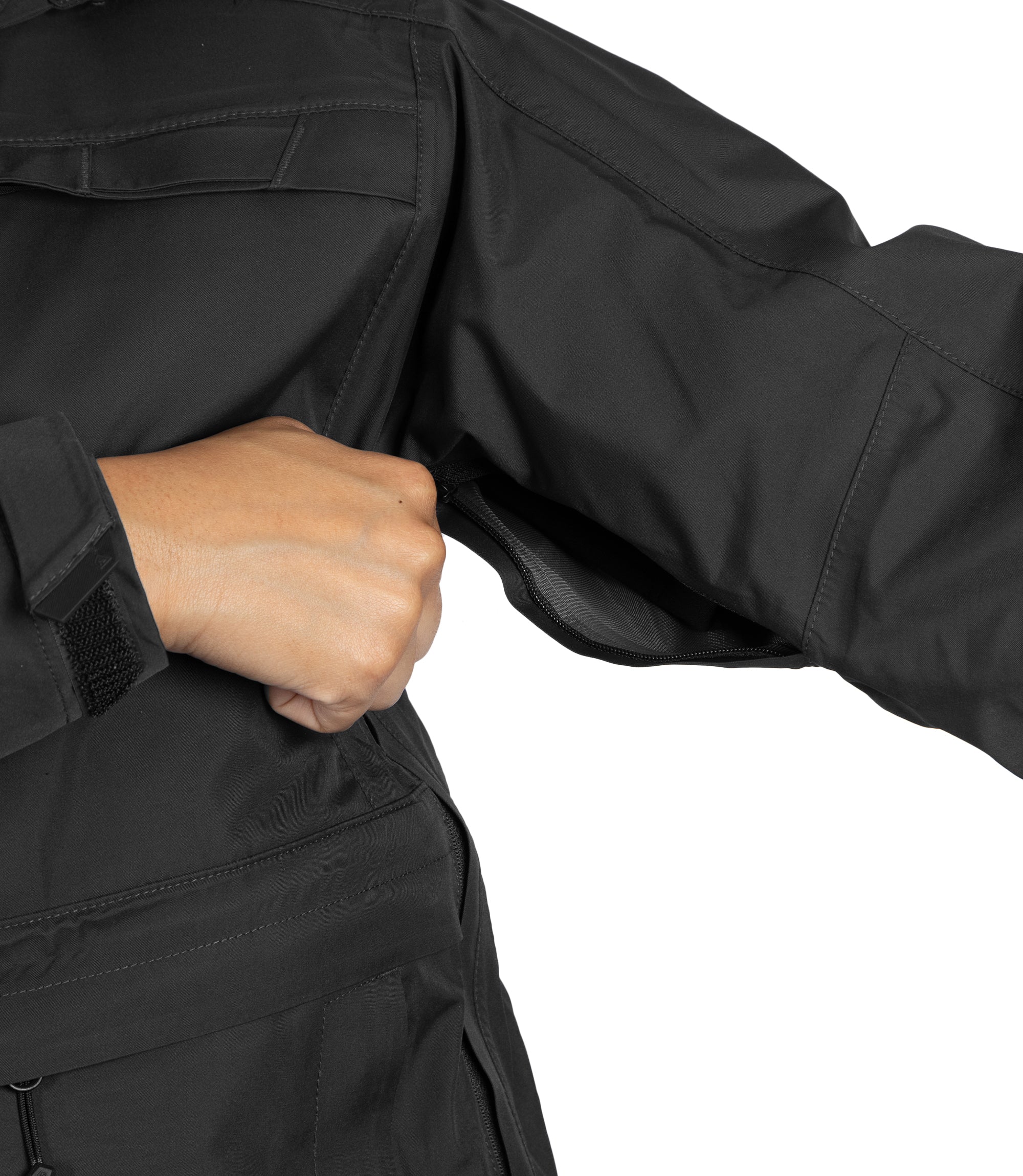 Side arm zipper with pit zip for additional ventilation of Women’s Tactix Parka Shell Black|color_black