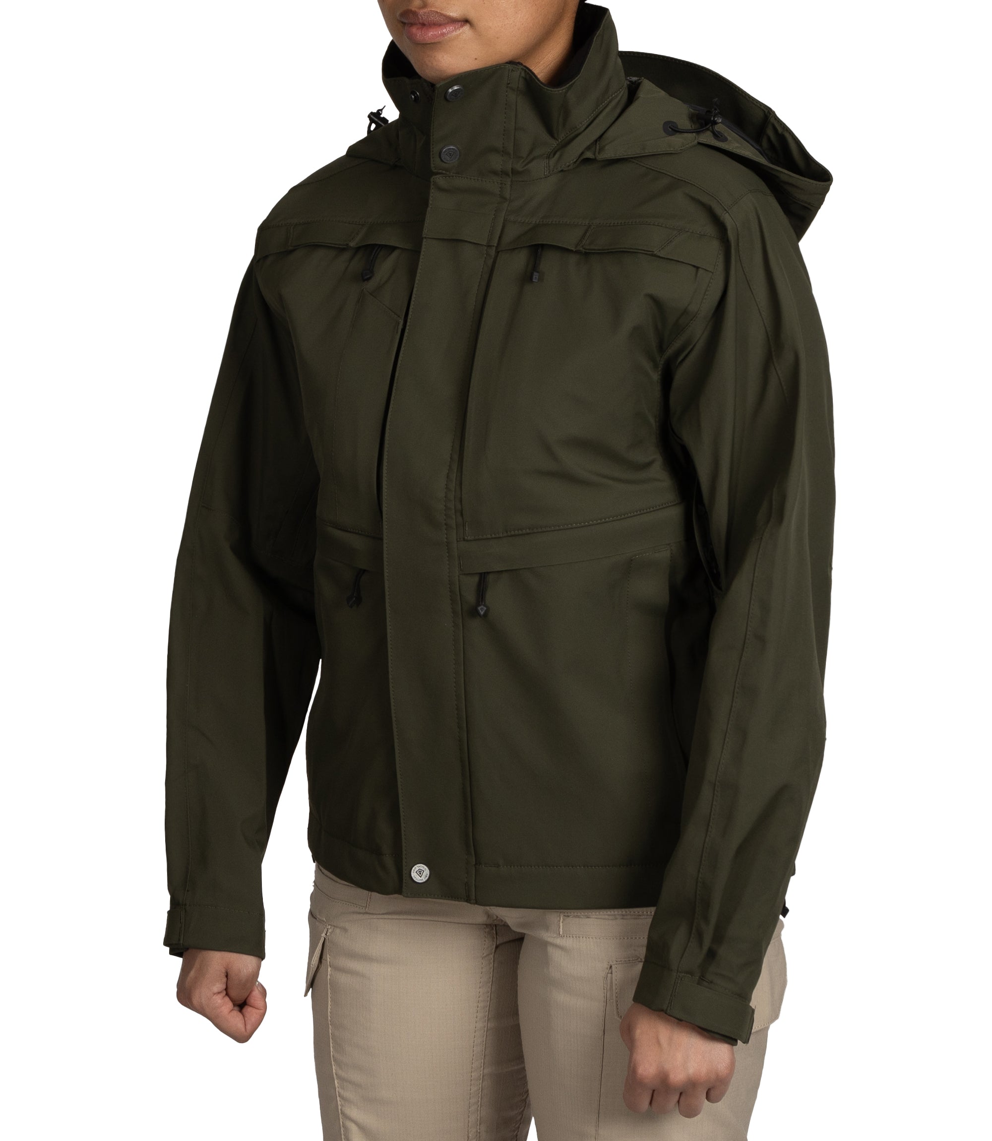Left front side view of Women’s Tactix Parka Shell in OD Green|color_od green