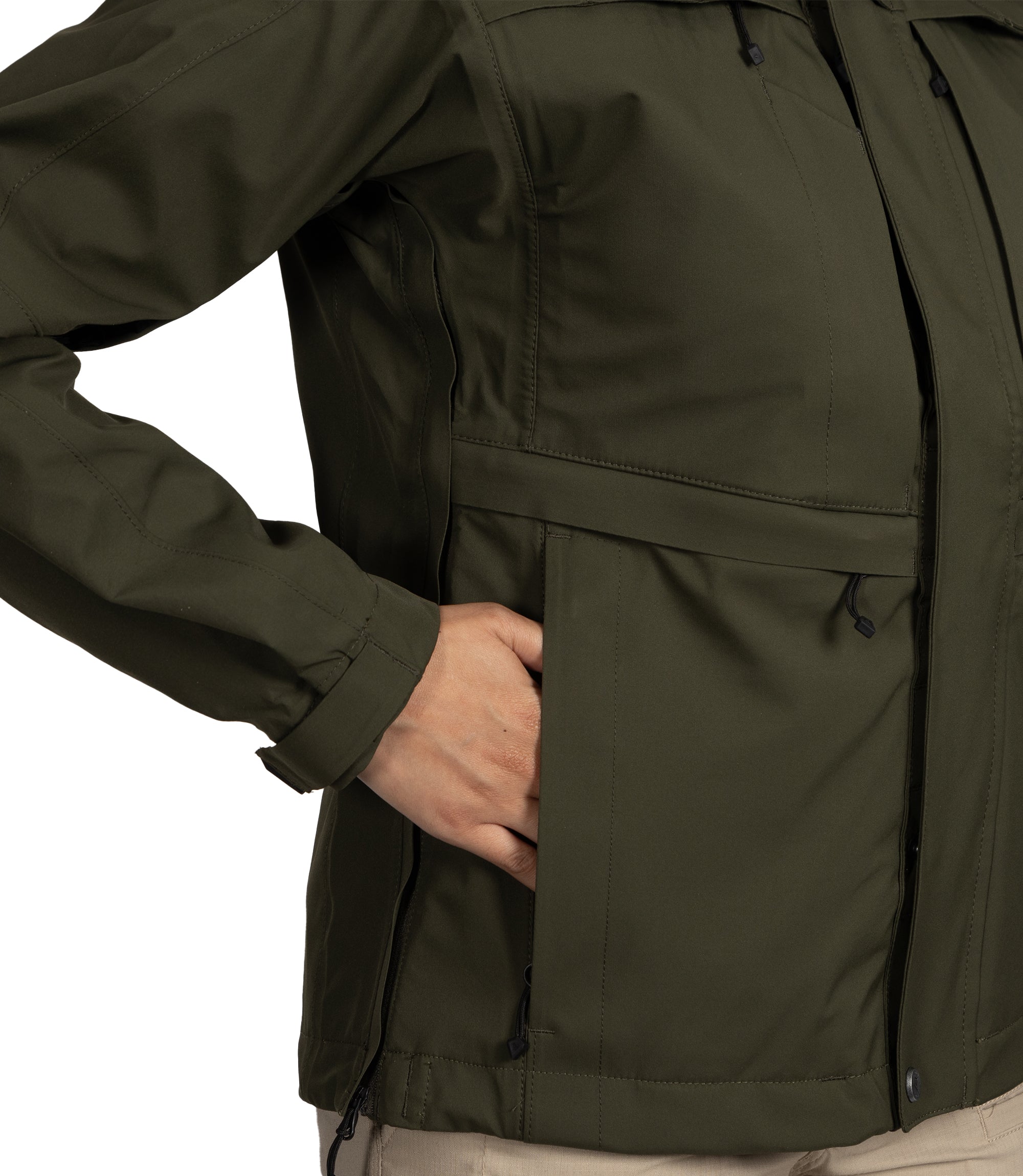 Right front side view with hand in pocket of Women’s Tactix Parka Shell in OD Green|color_od green