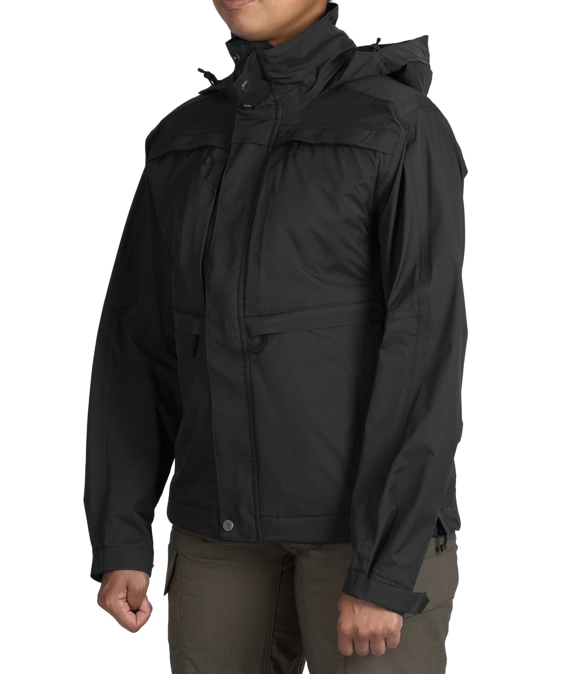 Left front side view of Women’s Tactix Jacket Shell in Black|color_black