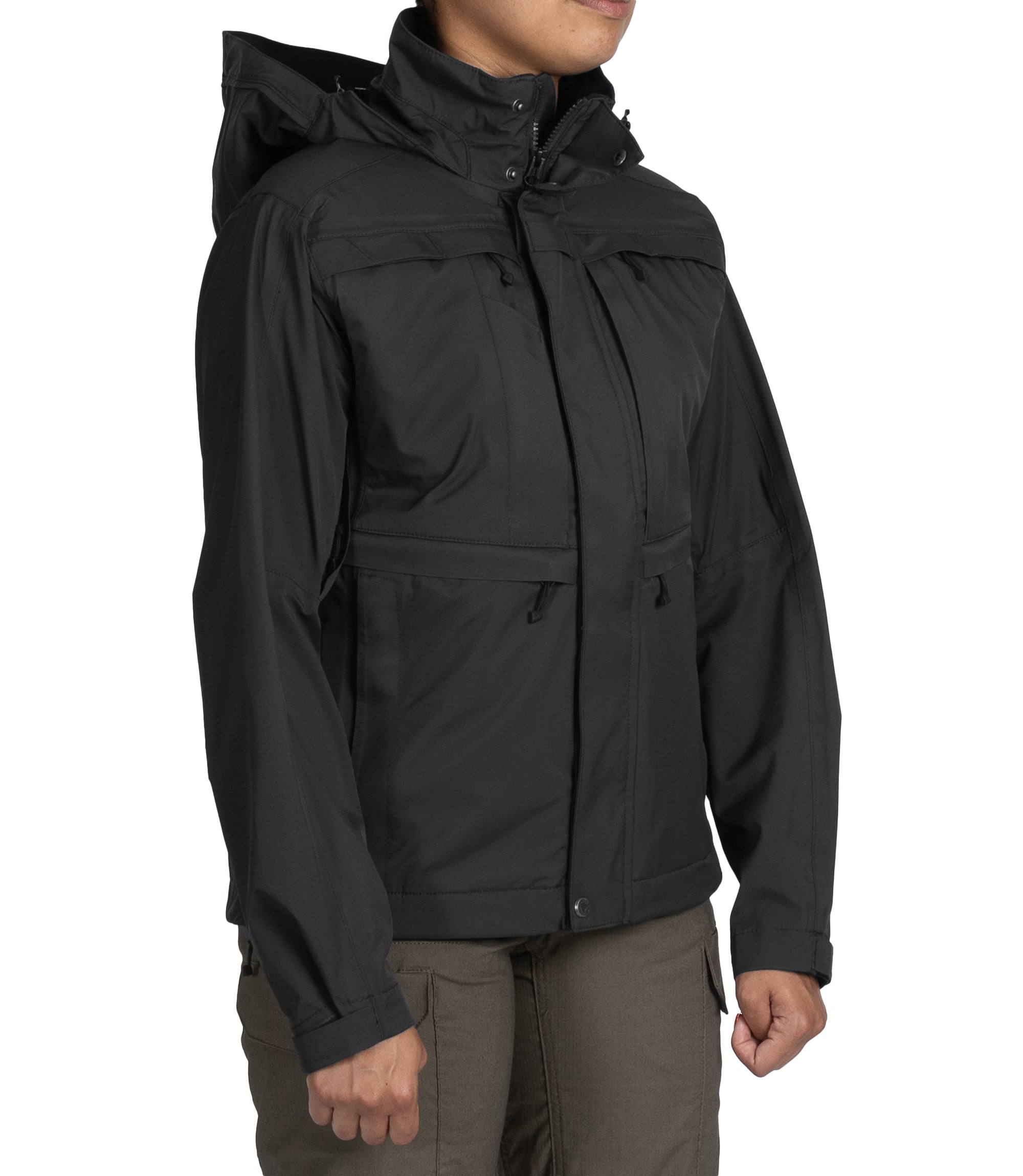 Right front side view of Women’s Tactix Jacket Shell in Black|color_black