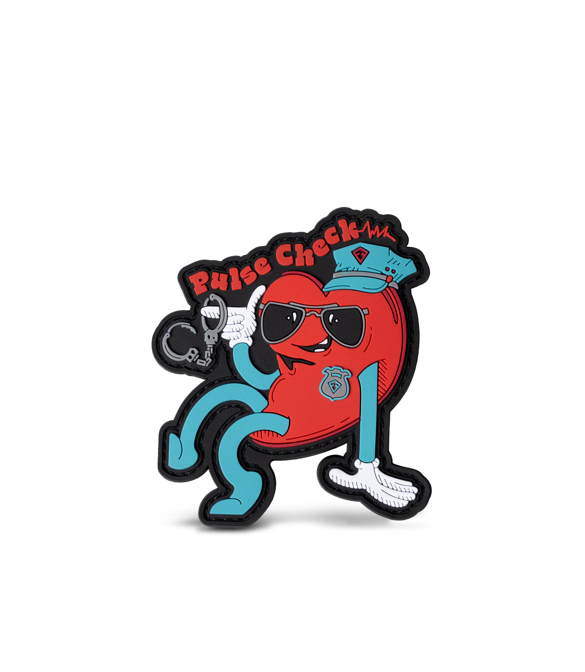 Pulse Check patch is an image of a law enforcement heart holding handcuffs.