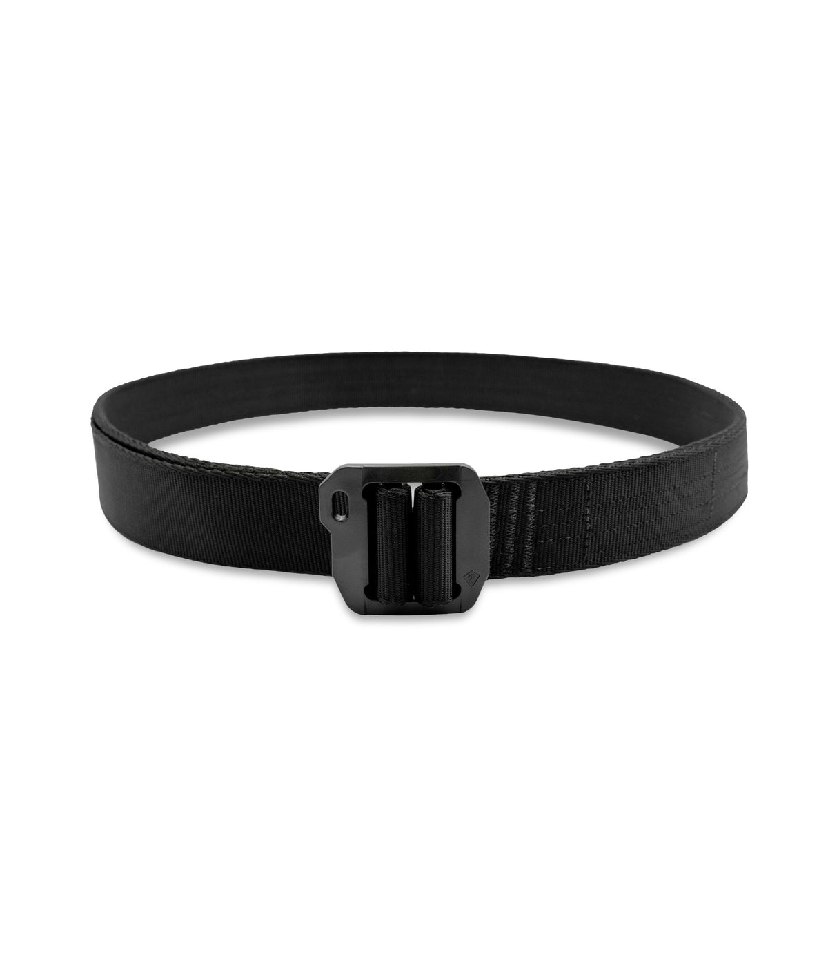 A black tactical web belt with a matte black metal buckle, shown coiled on a plain white background |color_black