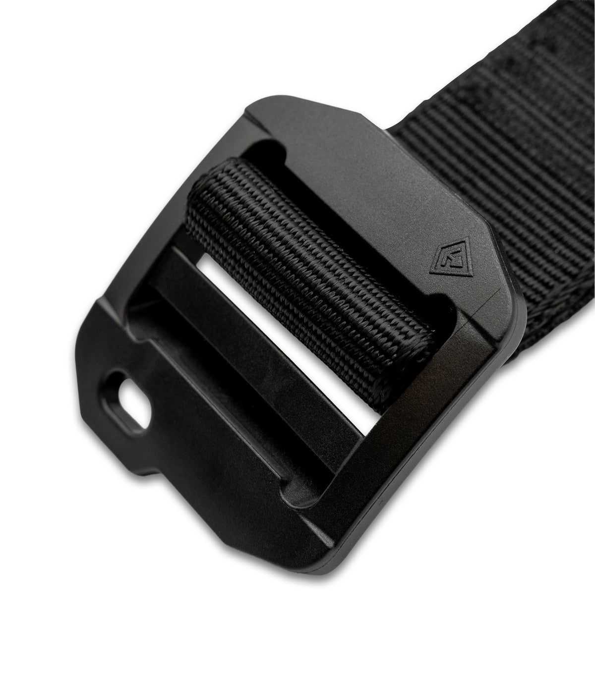 A close-up of a black tactical web belt with a matte black plastic quick-release buckle, shown on a clean white background |color_black