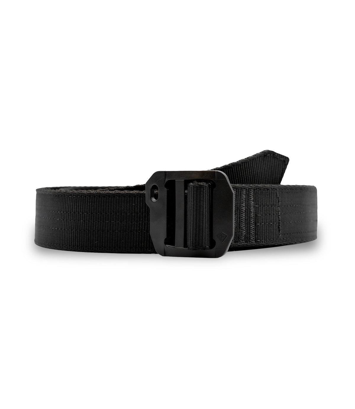 Front view of a black tactical belt with double bar buckle design for low profile lock, shown on a clean white background |color_black