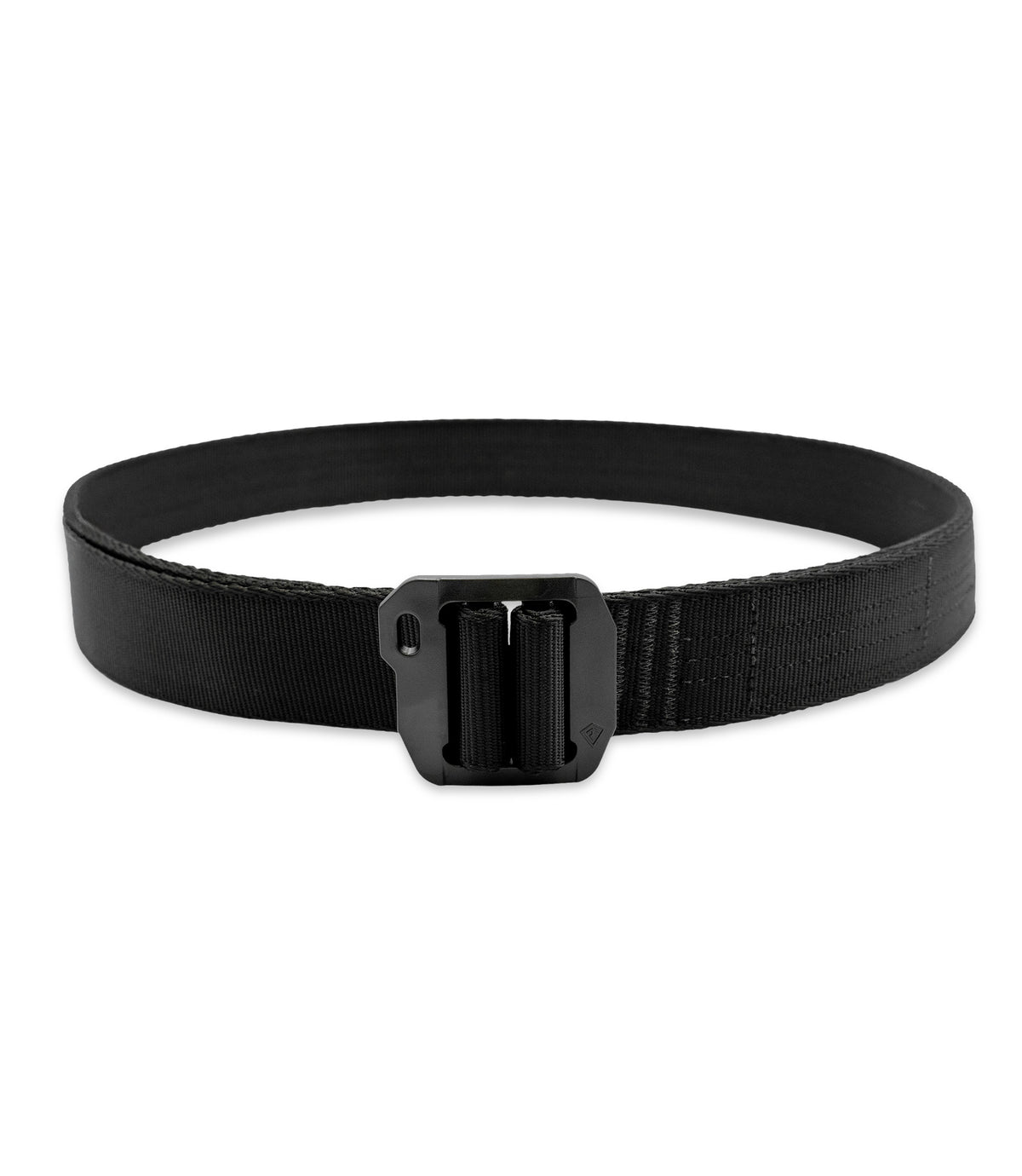 A black tactical web belt with a matte black plastic buckle, shown coiled on a plain white background |color_black