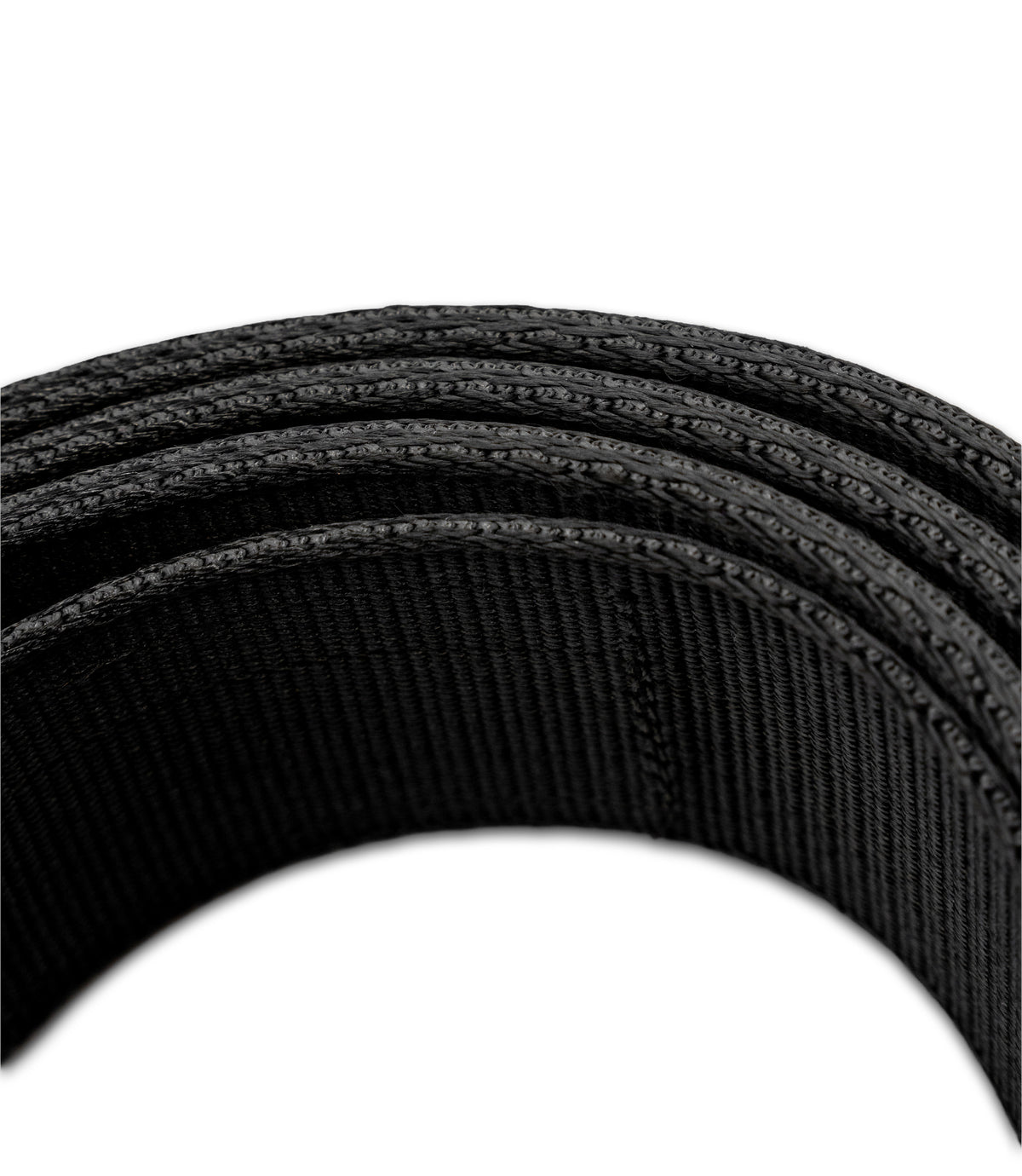 A close-up of a black textured double layer of heavy-duty nylon webbing elastic band, showing its ribbed woven pattern against a plain white background |color_black