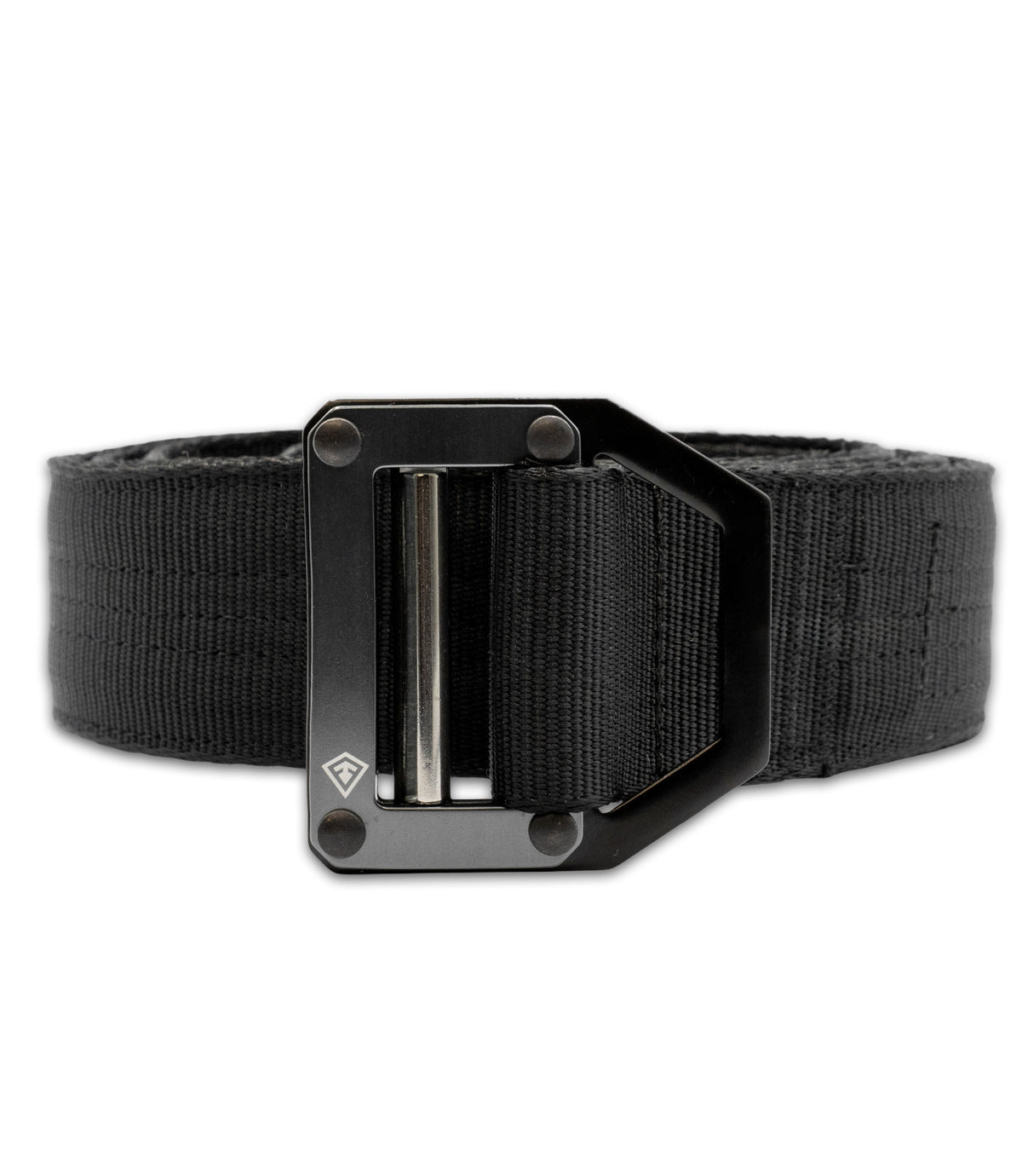 Front view of a black tactical web belt with a heavy-duty black metal buckle featuring a silver-toned center pin, shown on a plain white background |color_black