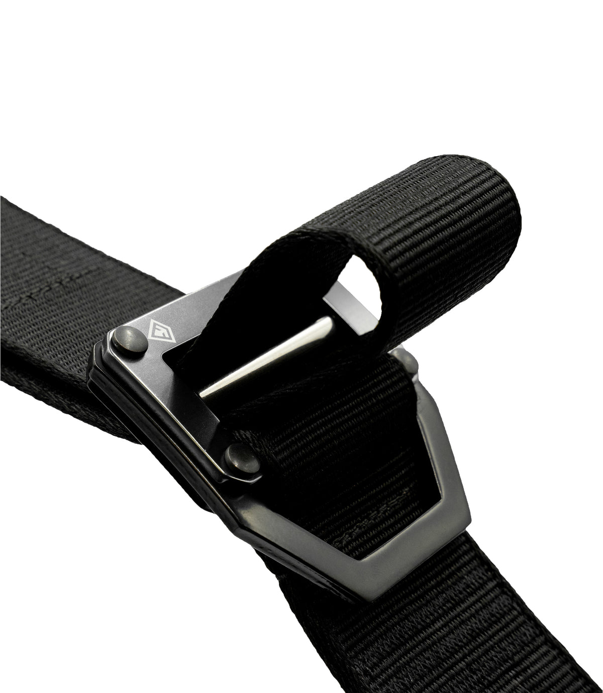Close-up of a black webbed strap going through the black metal quick-release buckle on a plain white background |color_black