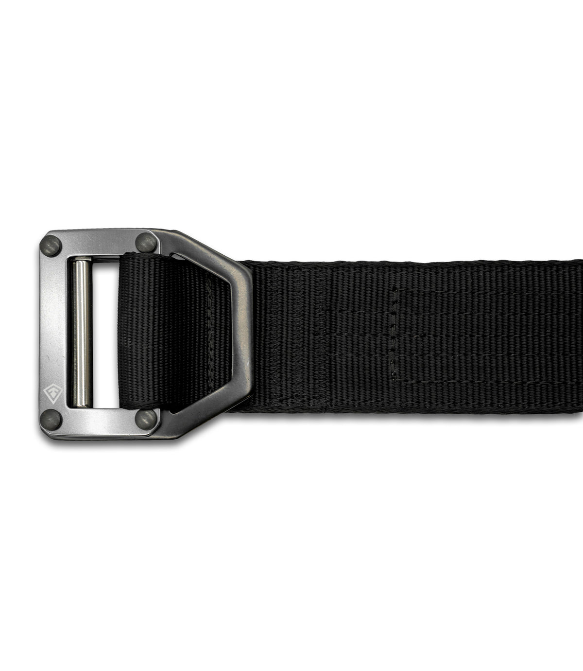 A close-up of a black webbed belt with a dark metallic buckle, shown against a plain white background |color_black