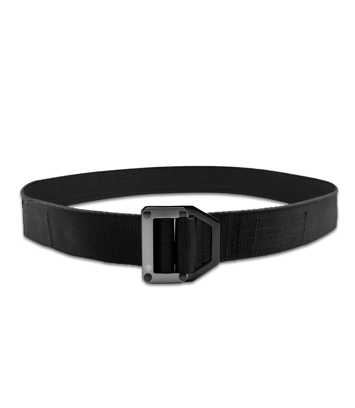 A black tactical web belt with a matte black metal buckle, shown coiled on a plain white background |color_black