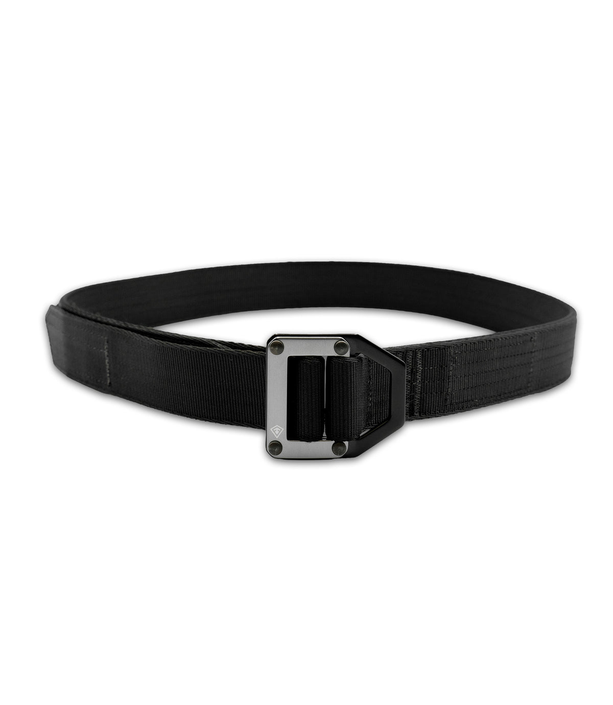 A black tactical belt with a black metal quick-release buckle, shown on a plain white background |color_black