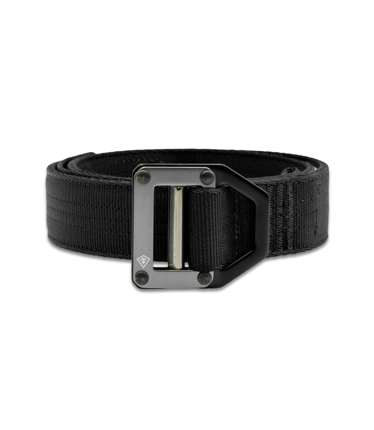 A black tactical web belt with a metal buckle, shown on a plain white background |color_black