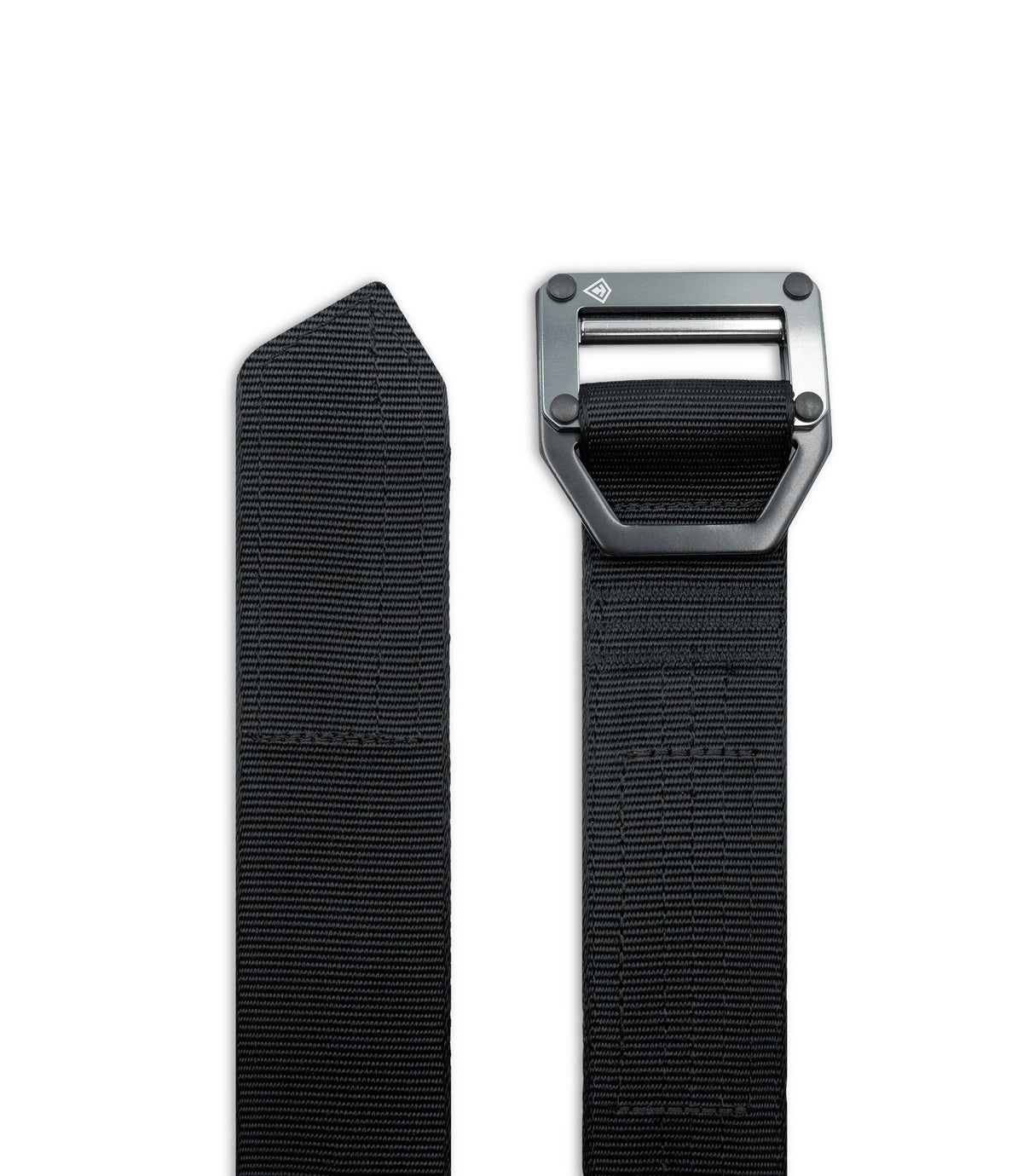 A black woven web belt with a dark gray metal buckle, shown in a split view on a plain white background |color_black