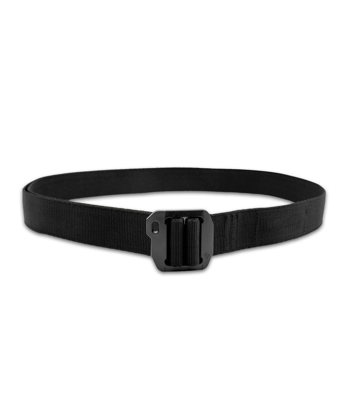 A black tactical web belt with a matte black metal buckle, shown coiled on a plain white background |color_black