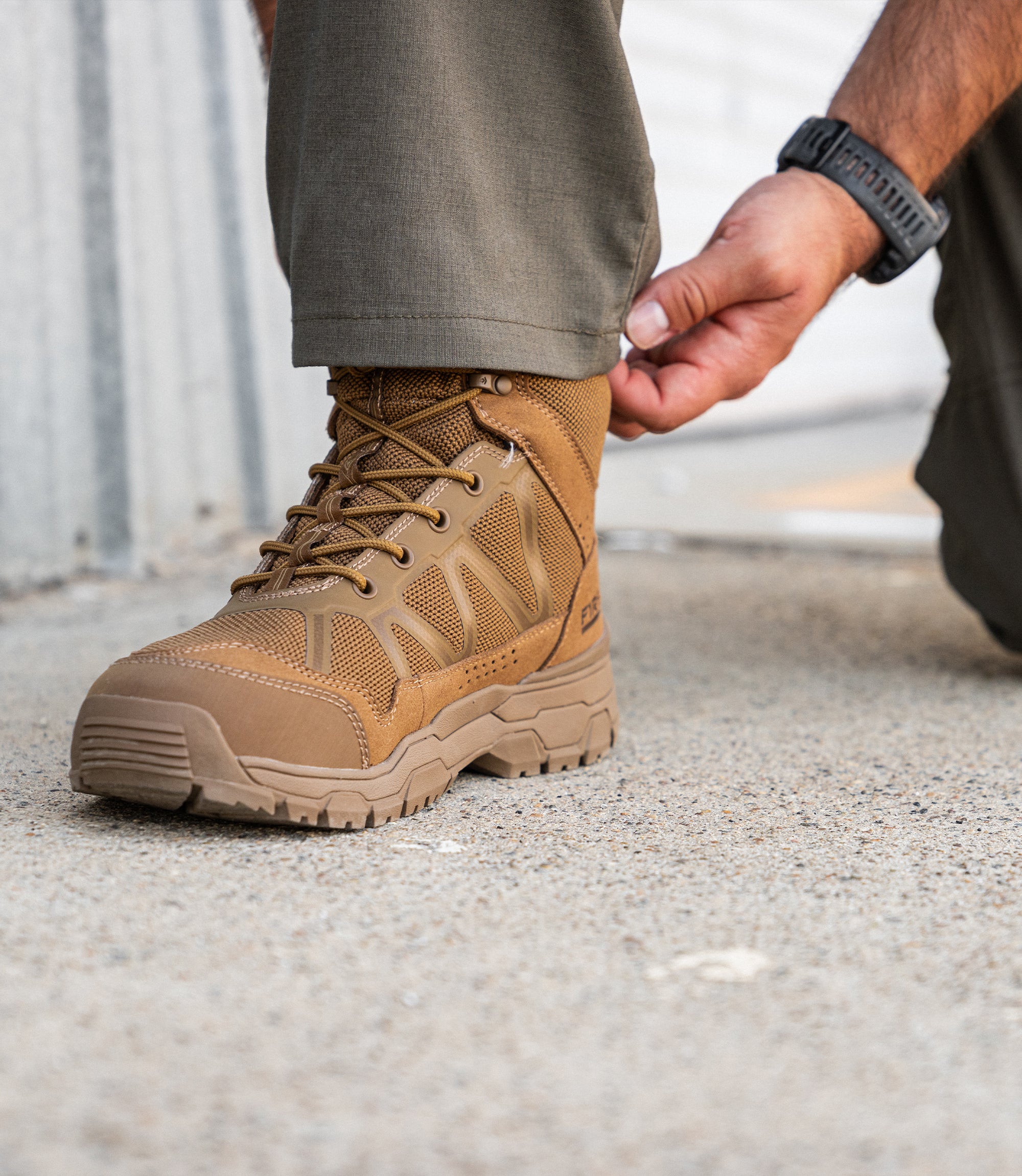 Lifestyle Photo of Men's 7" Operator Boot in Coyote|color_coyote