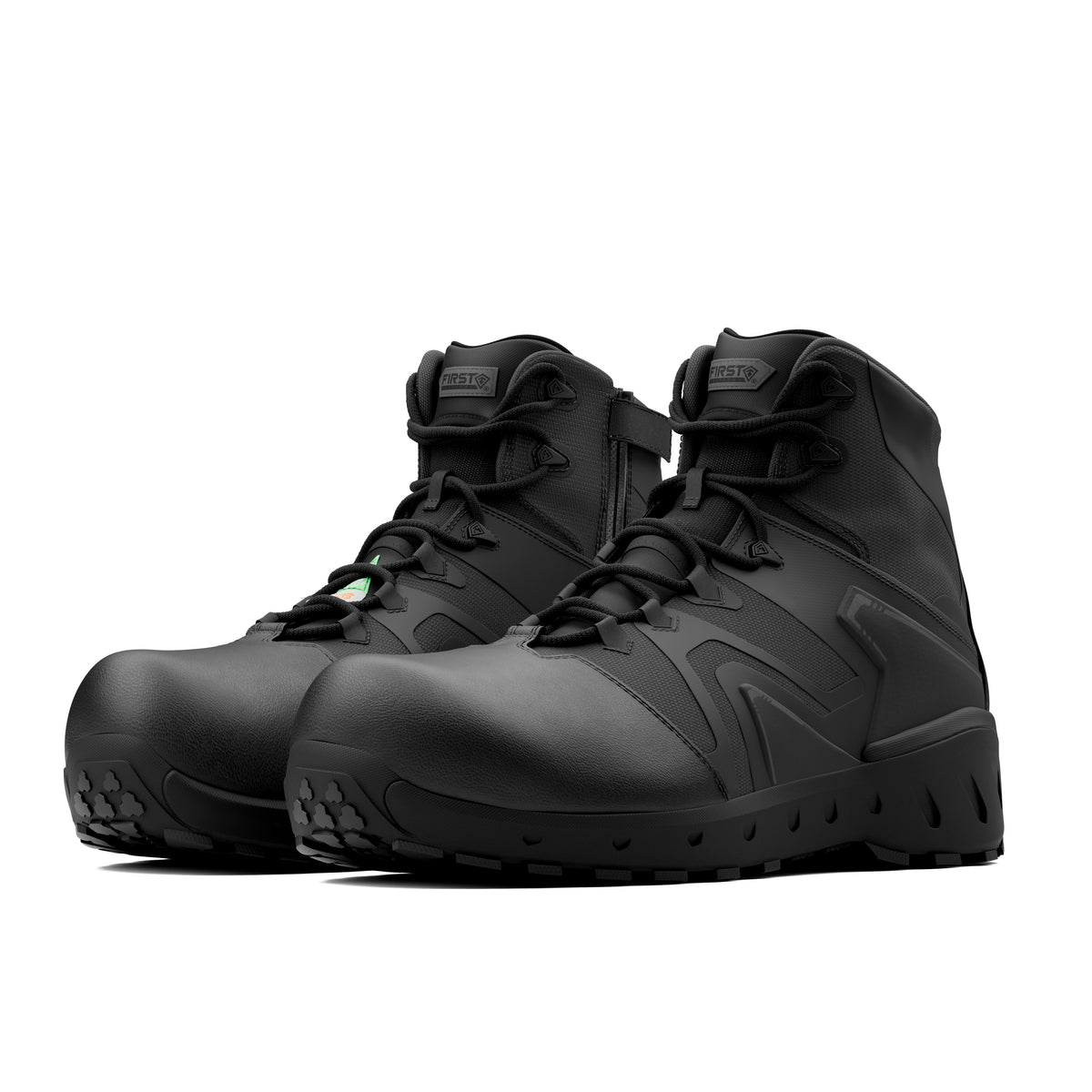 Left Side by side boot view of 5 inch AERO-TAC polishable side-zip SCA Mid boot in Black|color_black