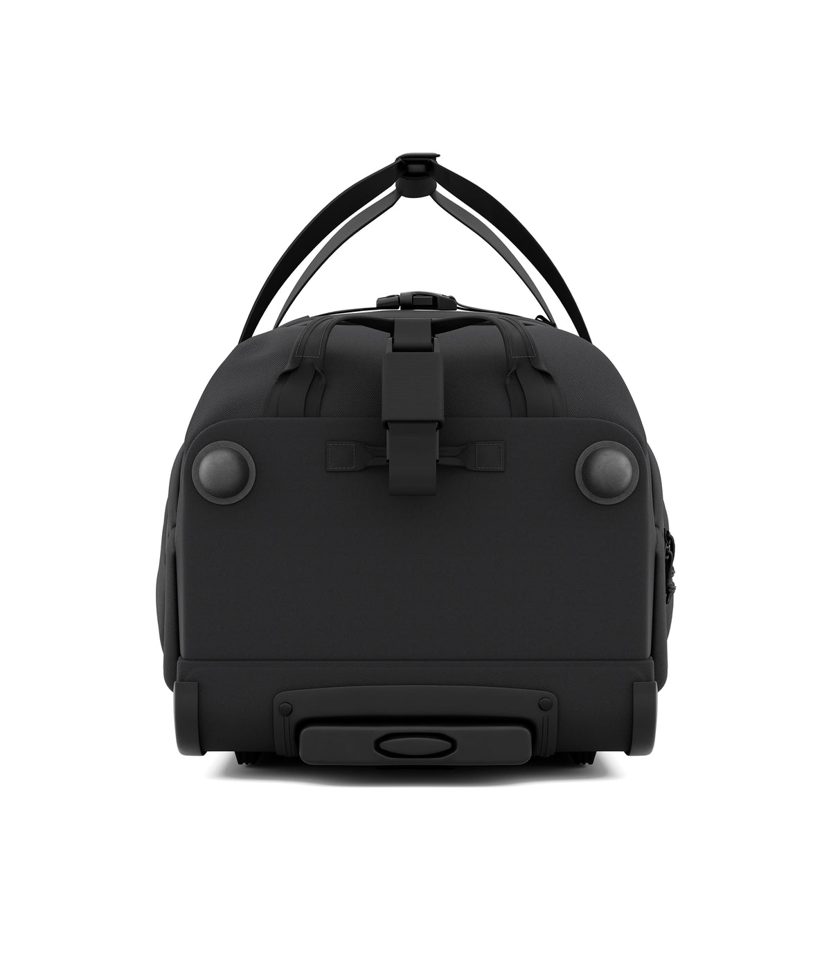 End view of black Specialist Rolling Duffle showing telescoping handle, grab handle, and daisy chain strap |color_black