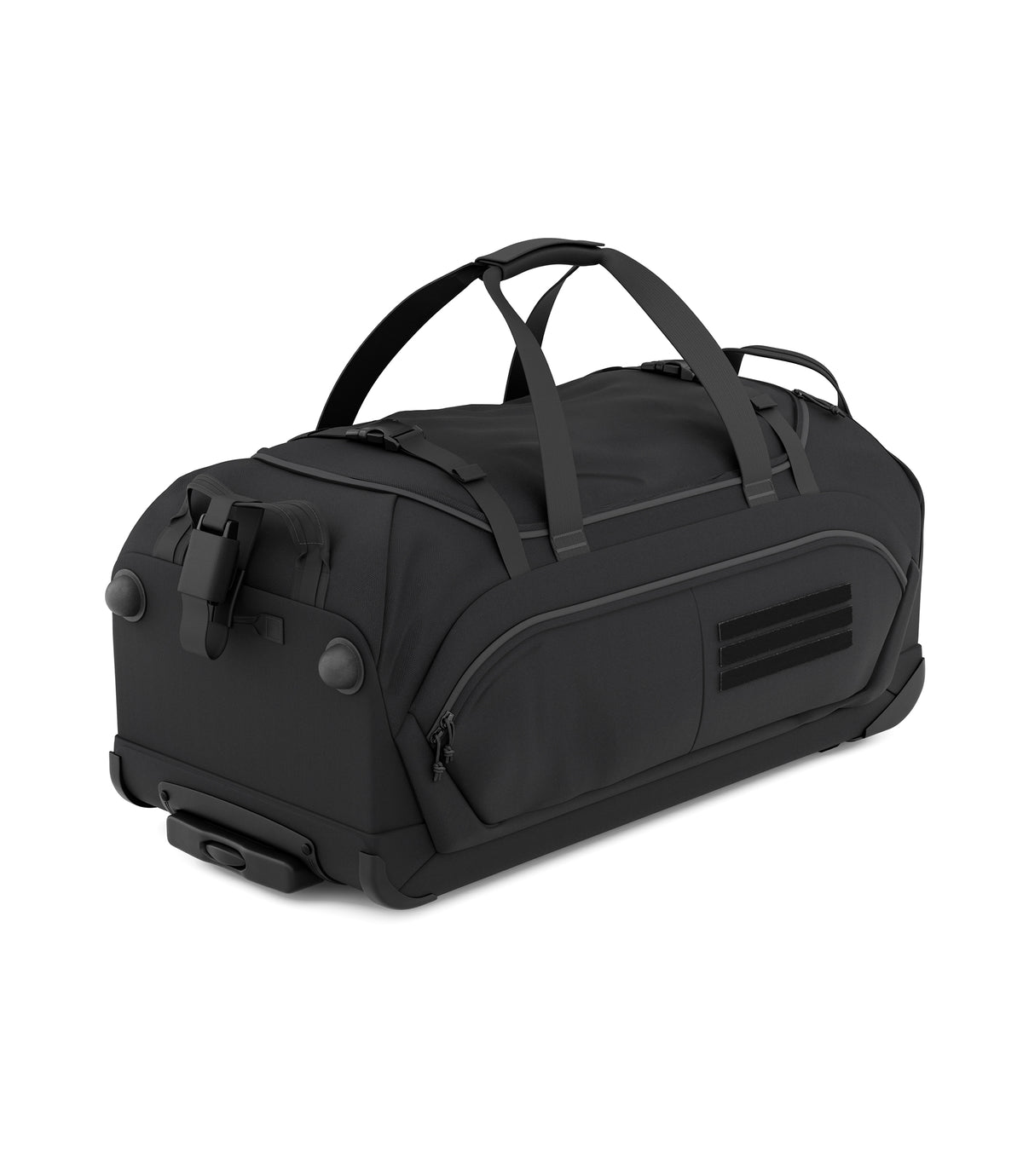 Angled view of black Specialist Rolling Duffle showing loop panel side and reinforced base |color_black
