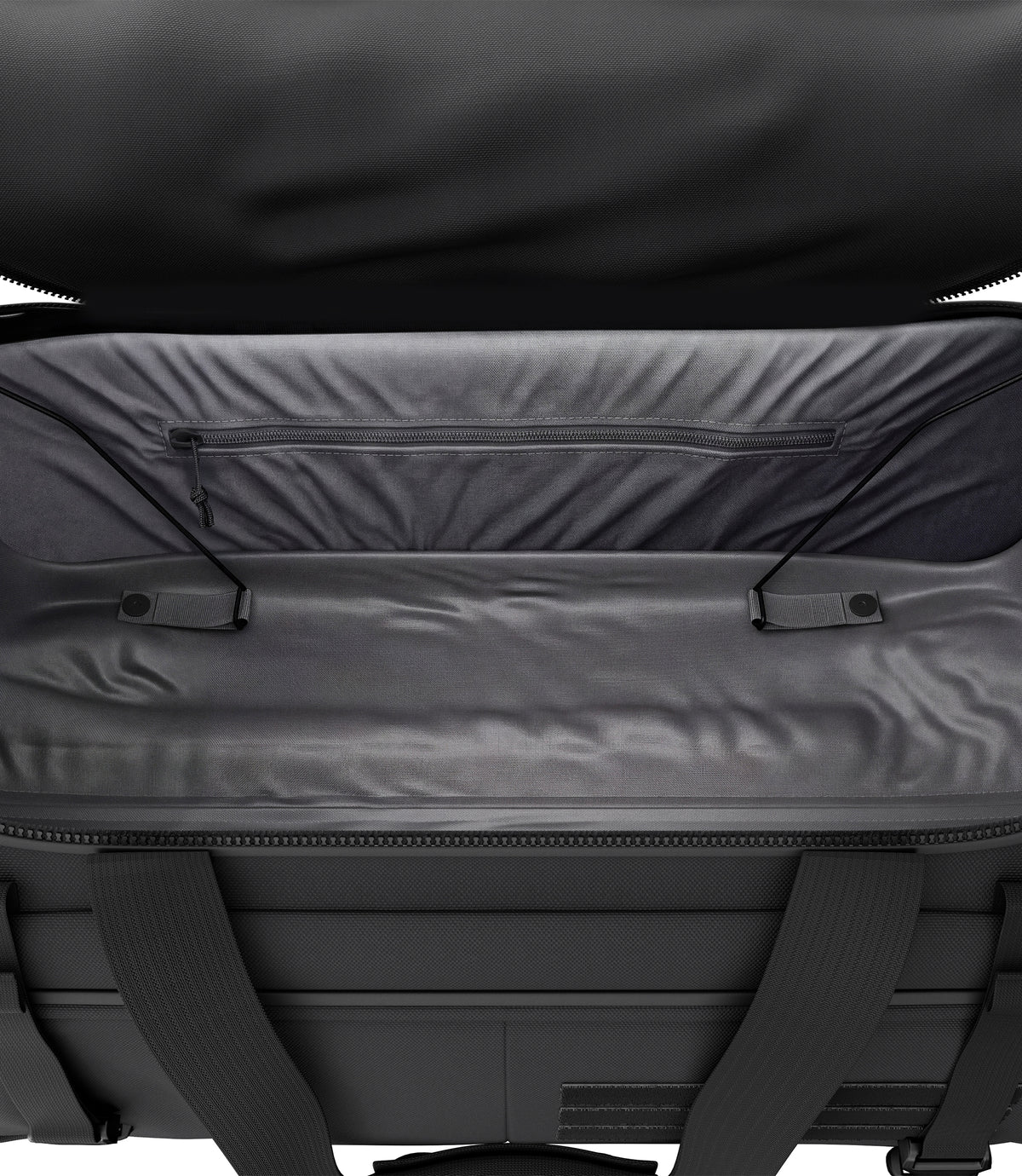Interior of black Specialist Rolling Duffle main compartment with zippered storage pocket |color_black