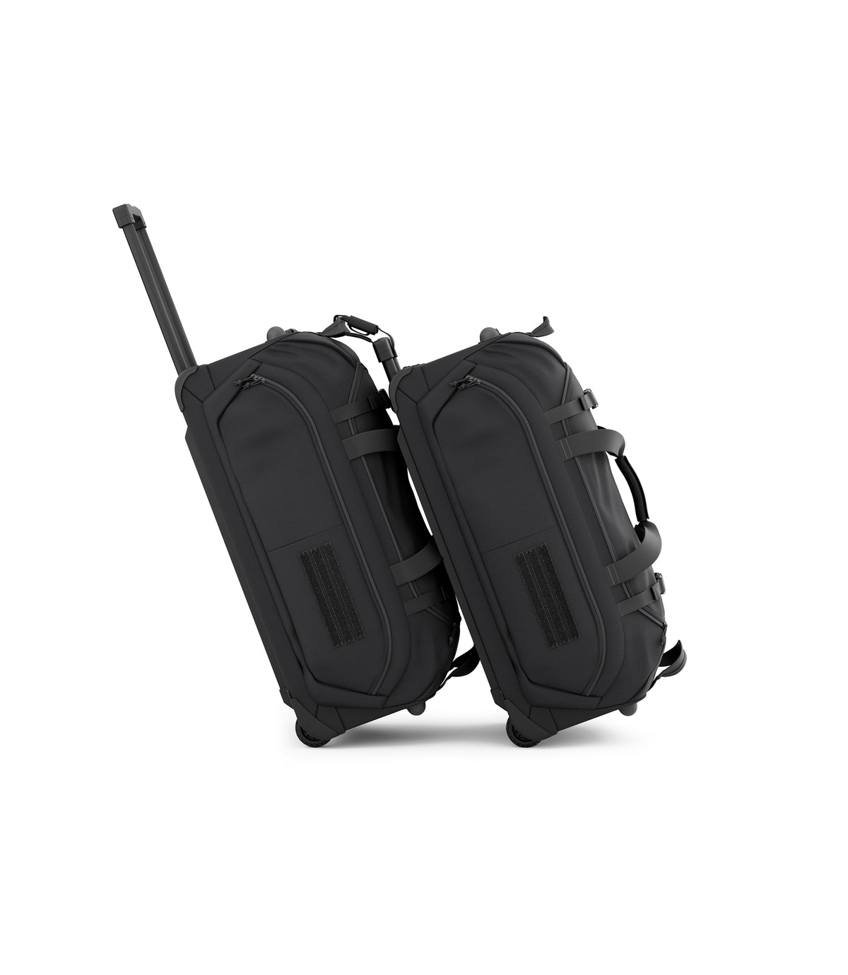 Two black Specialist Rolling Duffle bags daisy chained together for rolling transport |color_black