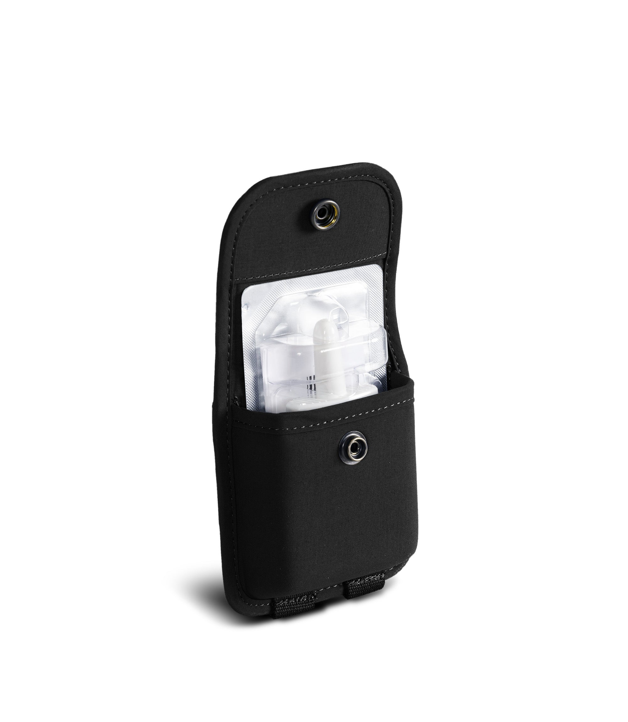 Open snap side view with Narcan inside the Pro Duty narcan case and narcan in the color black|color_black