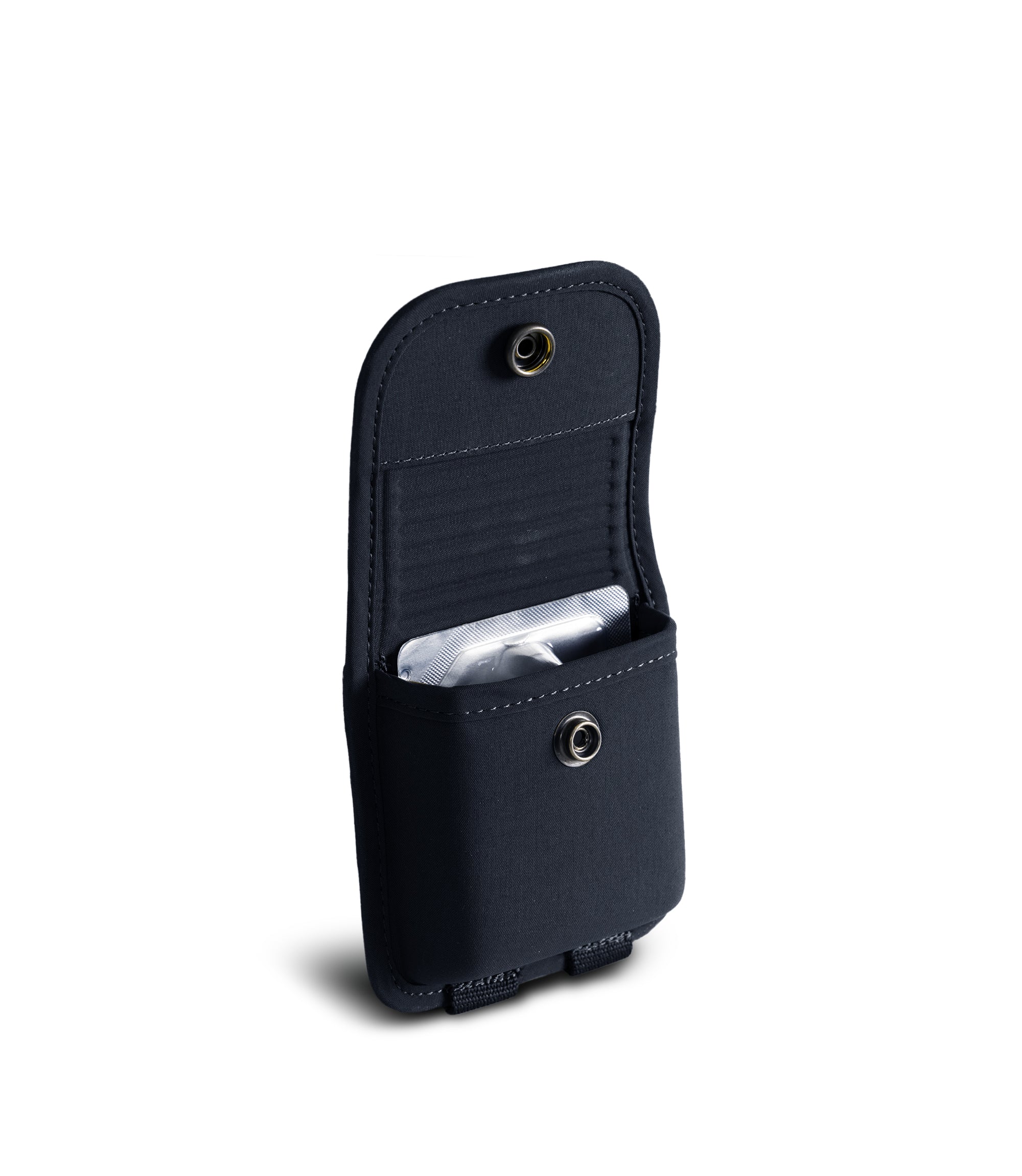 Open snap side view with Narcan inside the Pro Duty narcan case and narcan in the color midnight navy|color_midnight navy