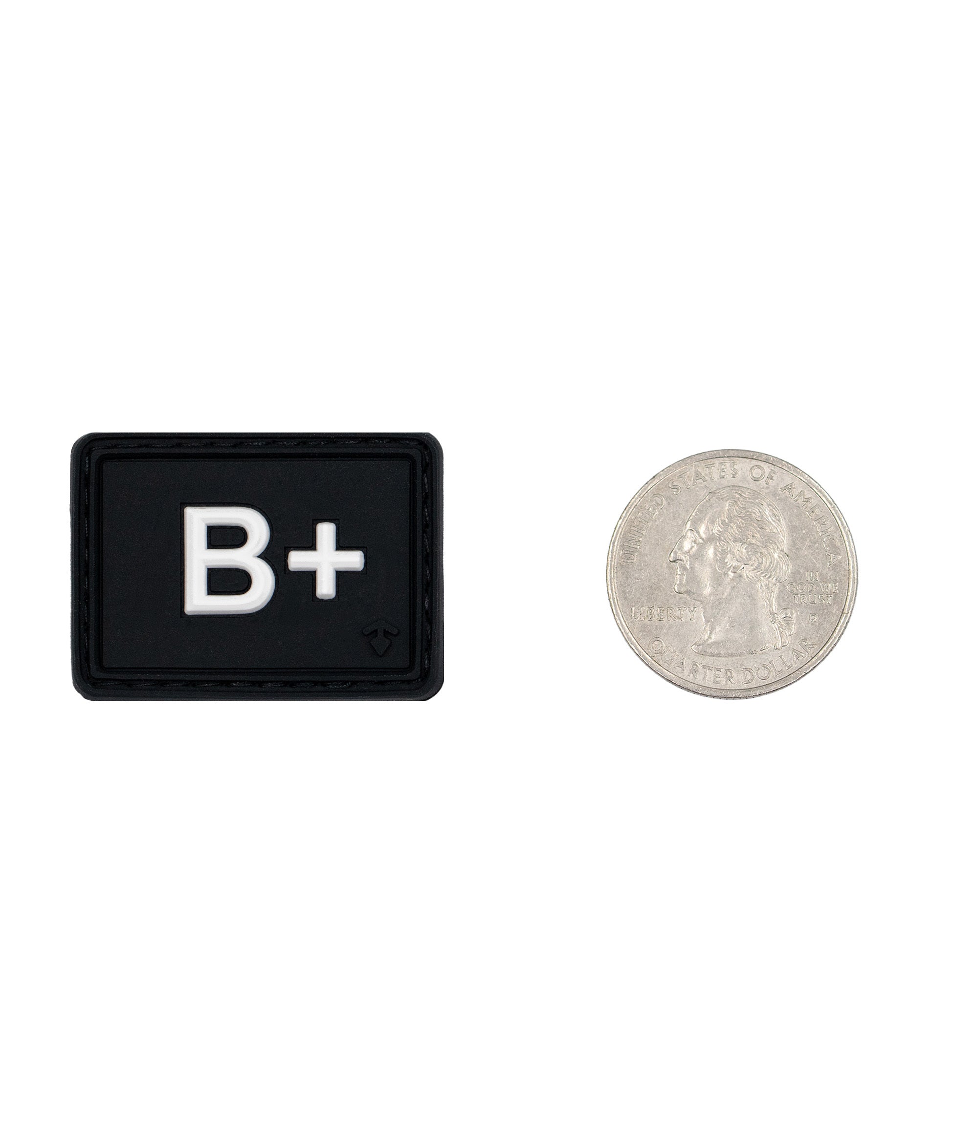 Size Comparison of the Blood Type Patch B+ to a quarter |color_black