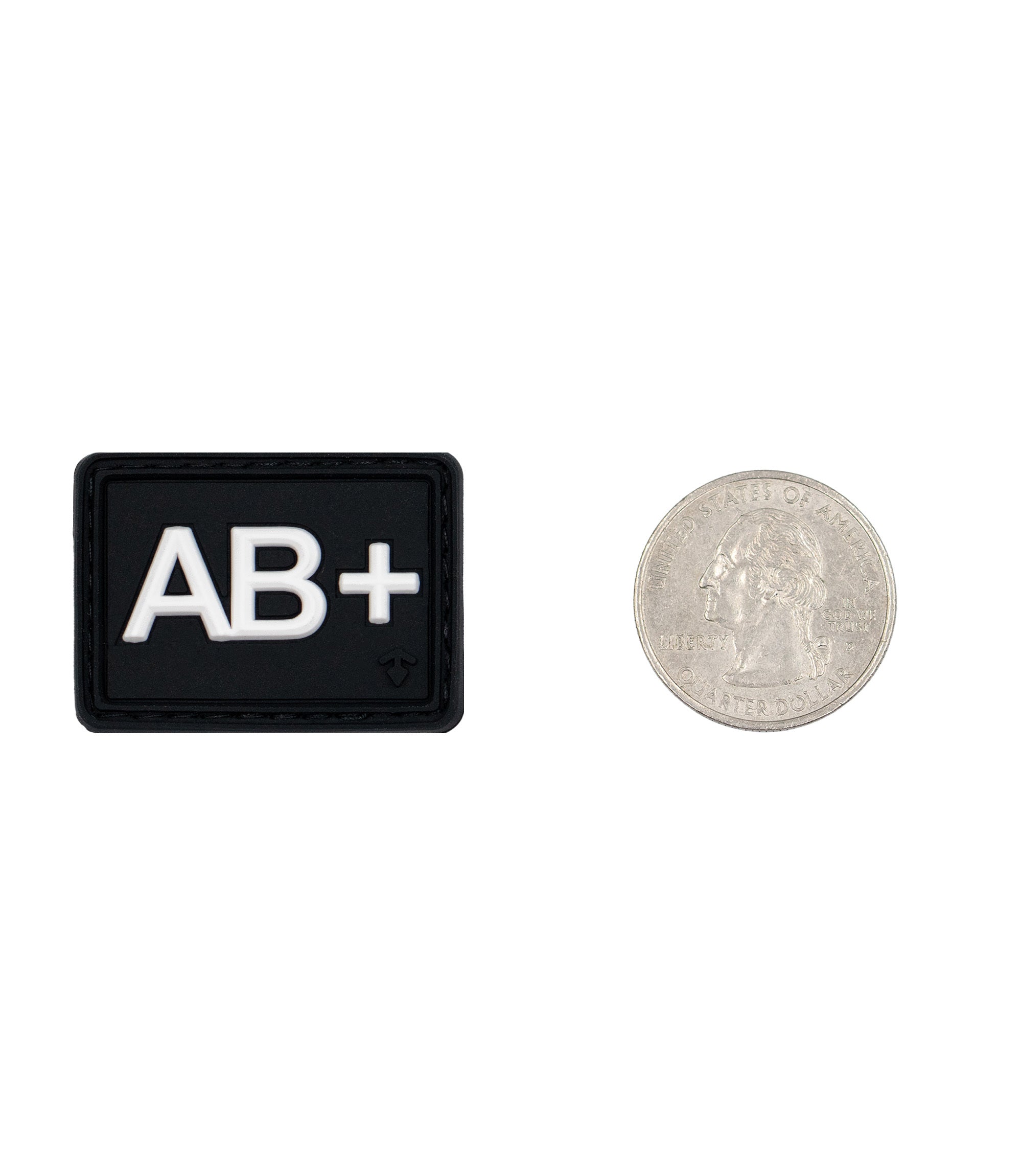Size Comparison of the Blood Type Patch AB+ to a quarter |color_black