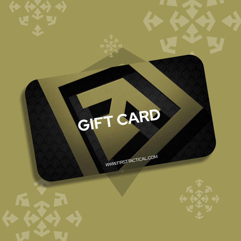 A rectangular gift card with rounded corners shown at an angle on a matching olive-gold background. The card is black with a large gold geometric logo and the words 'GIFT CARD' and 'WWW.