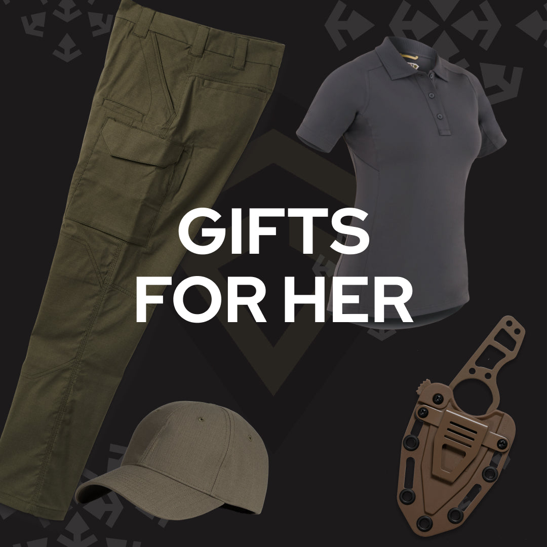 A promotional bundle graphic for women's outdoor apparel and accessories, featuring olive green cargo pants, a dark gray short-sleeve polo shirt, a tan baseball cap, and a brown sheath knife, with the text 'GIFTS FOR HER' on a dark patterned background.