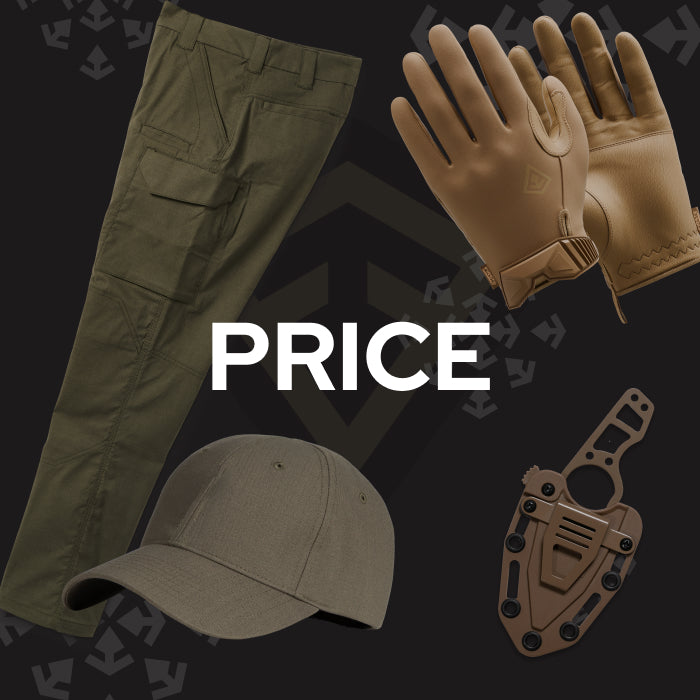 A promotional collage showing tactical apparel and accessories: olive green cargo pants, tan gloves, a tan baseball cap, and a tan sheath, arranged on a dark background with the large word "PRICE" overlaid in the center.