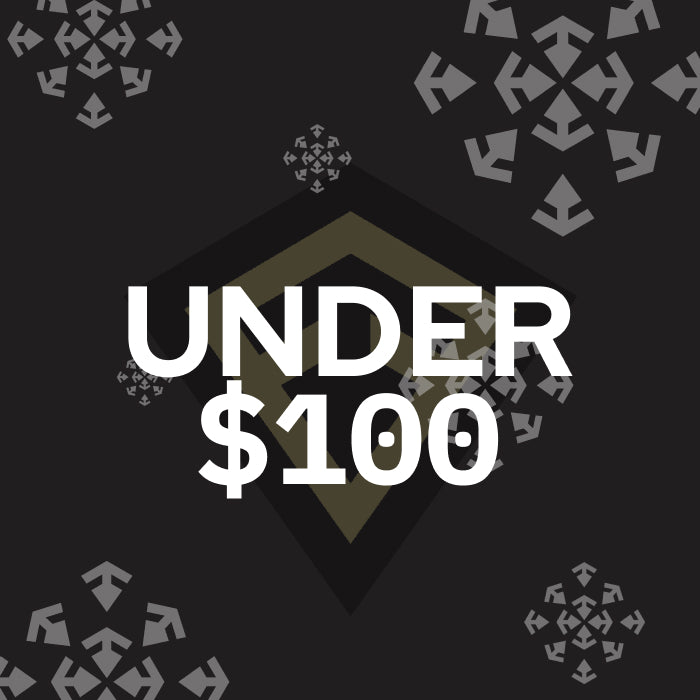 A promotional graphic with the text 'UNDER $100' in large white letters over a dark charcoal background with gray geometric snowflake-like motifs and a faint diamond-shaped logo behind the text.