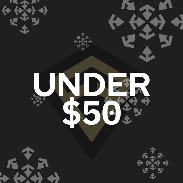 A promotional graphic with the text 'UNDER $50' in large white letters over a dark geometric background with gray arrow-like snowflake motifs.