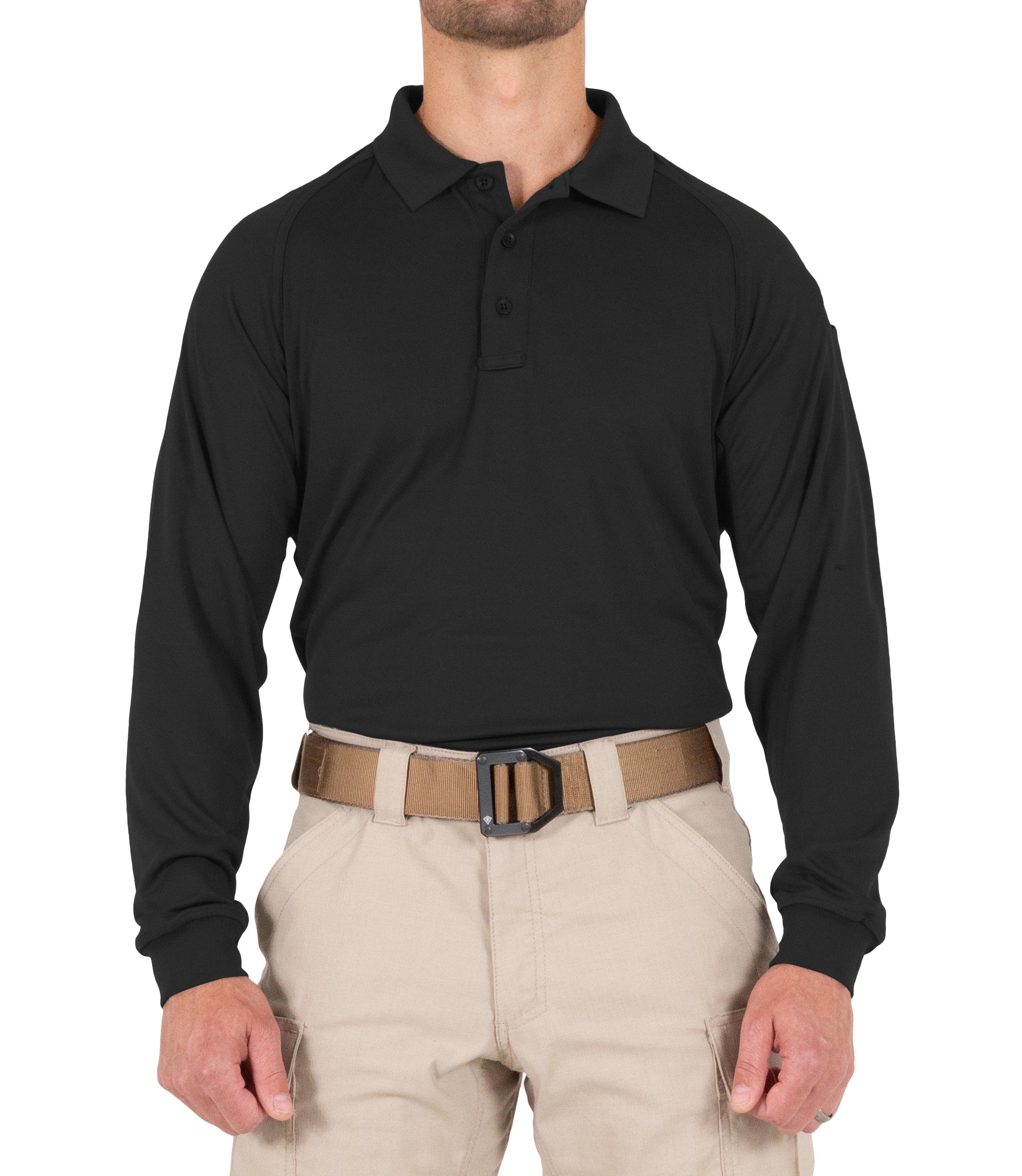 Front of Men's Performance Long Sleeve Polo in Black |color_black