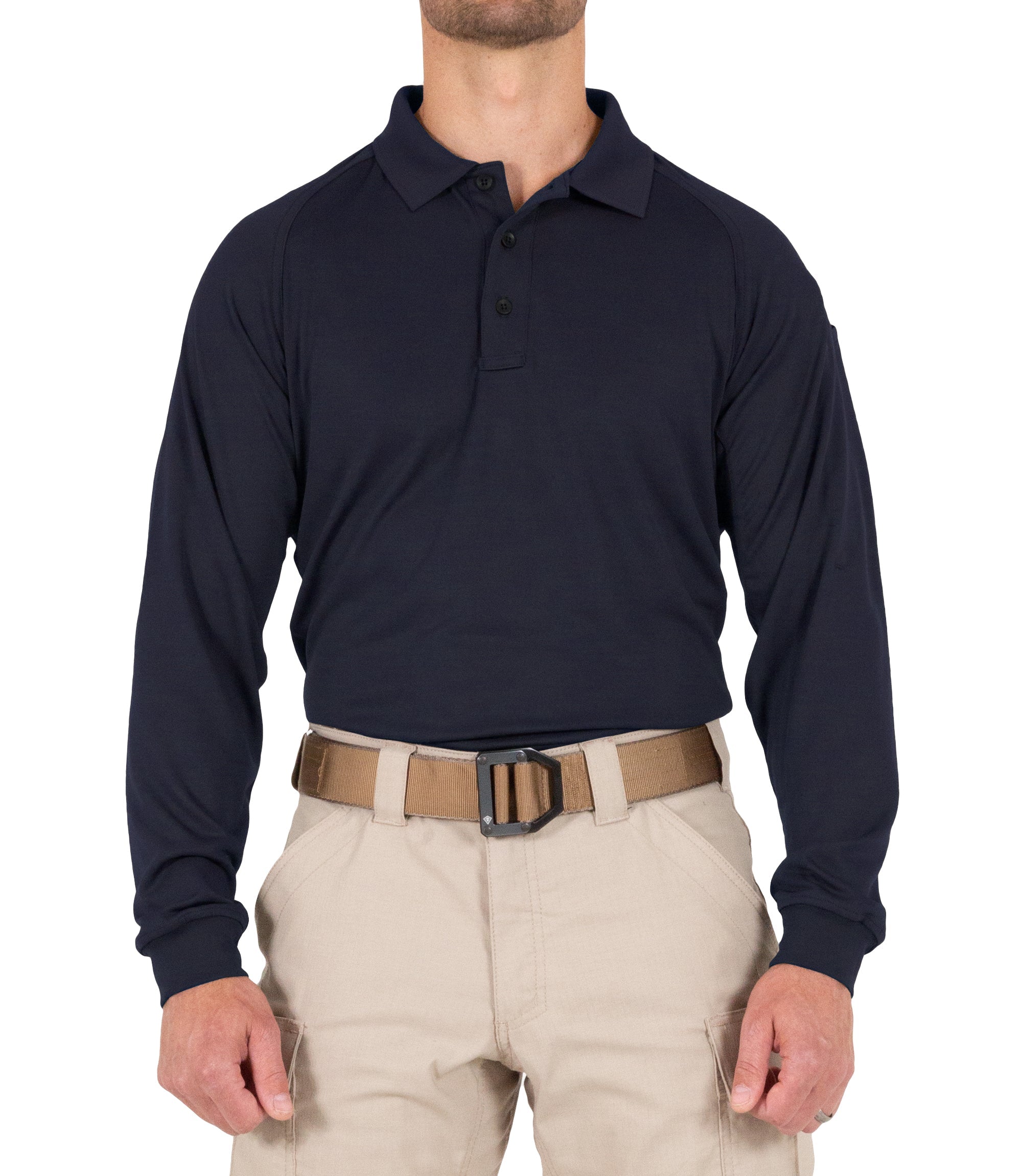 Front of Men's Performance Long Sleeve Polo in Midnight Navy |color_midnight navy
