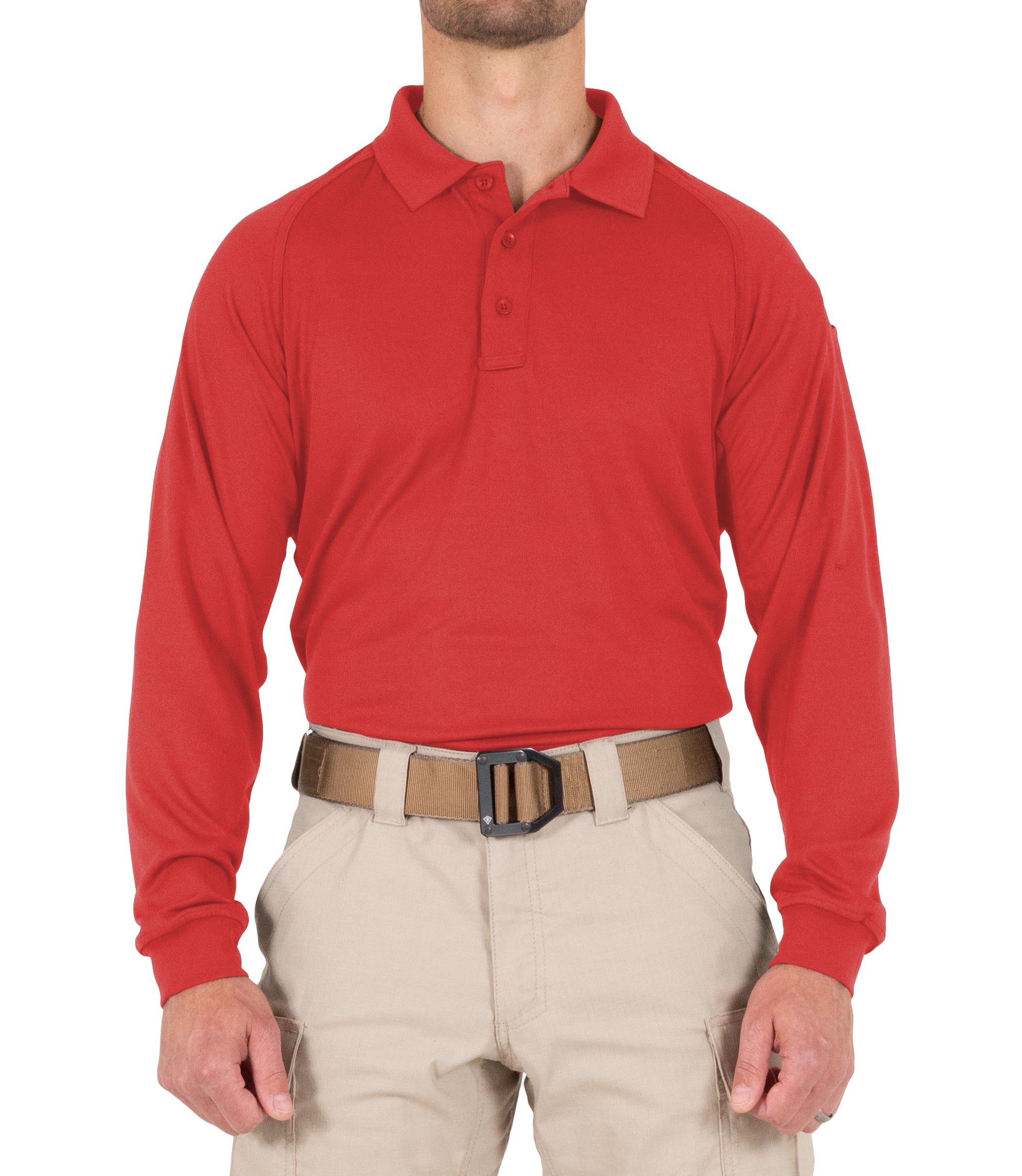Front of Men's Performance Long Sleeve Polo in Red |color_red