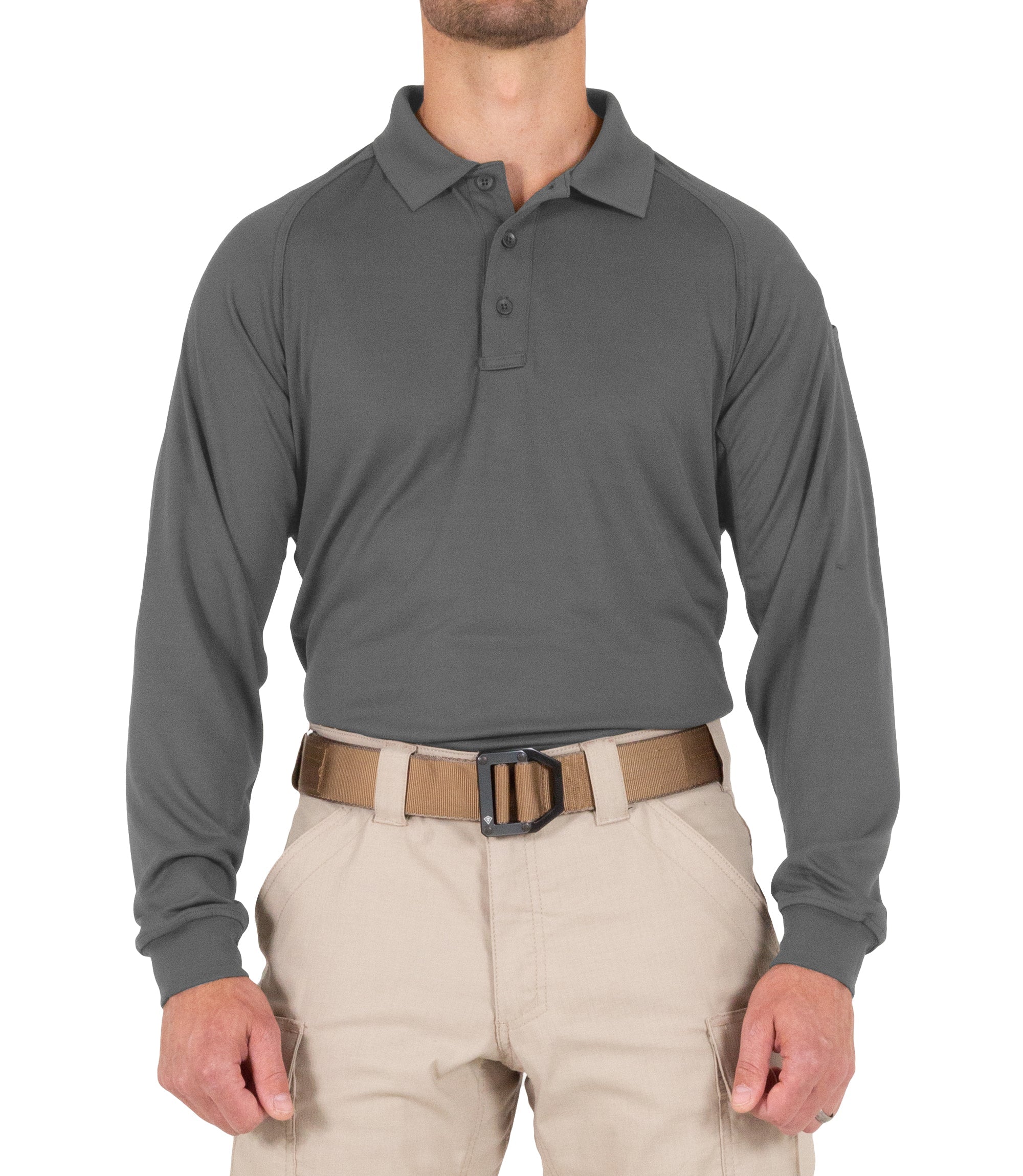Front of Men's Performance Long Sleeve Polo in Wolf Grey |color_wolf grey