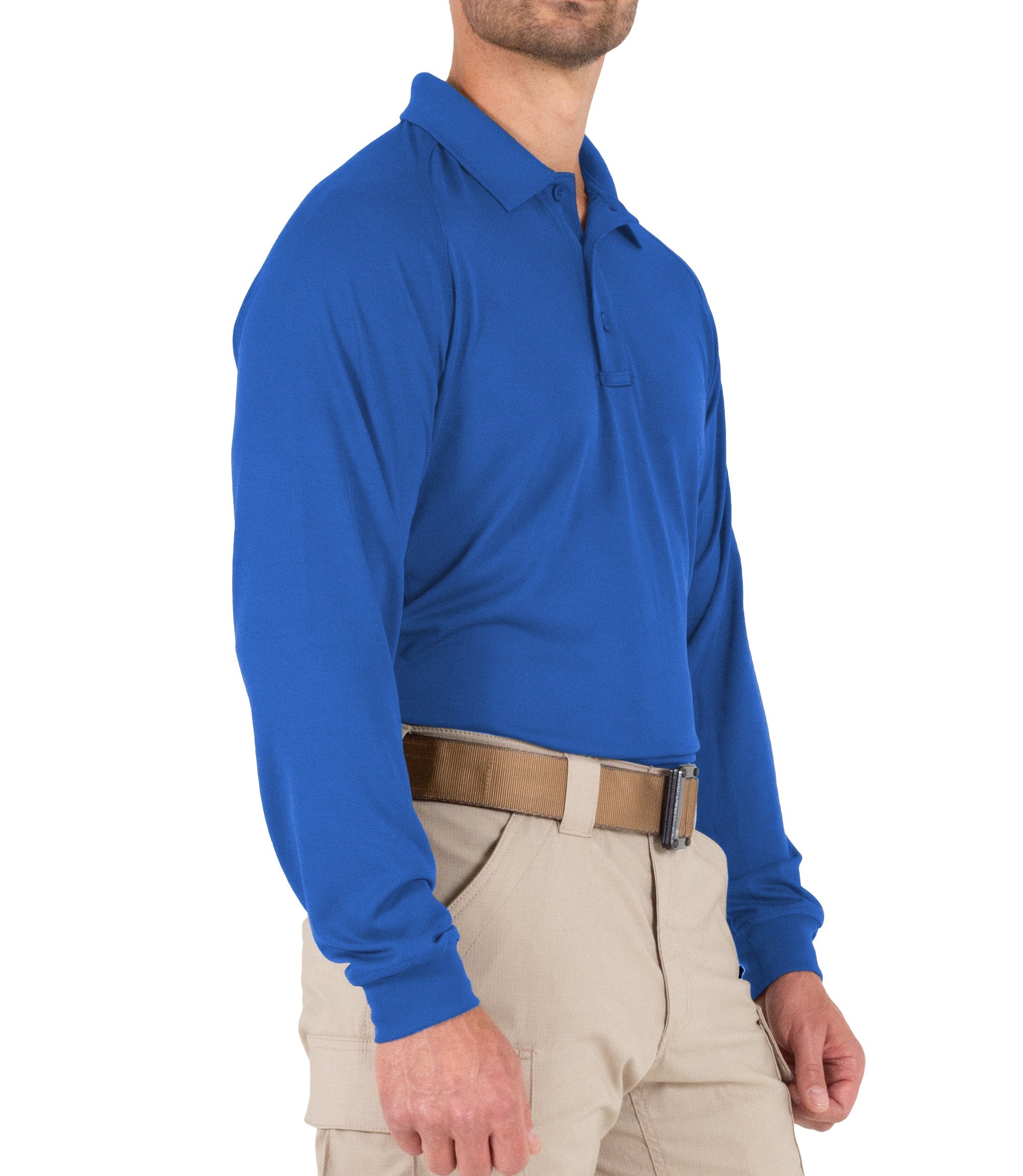 Side of Men's Performance Long Sleeve Polo in Academy Blue |color_academy blue