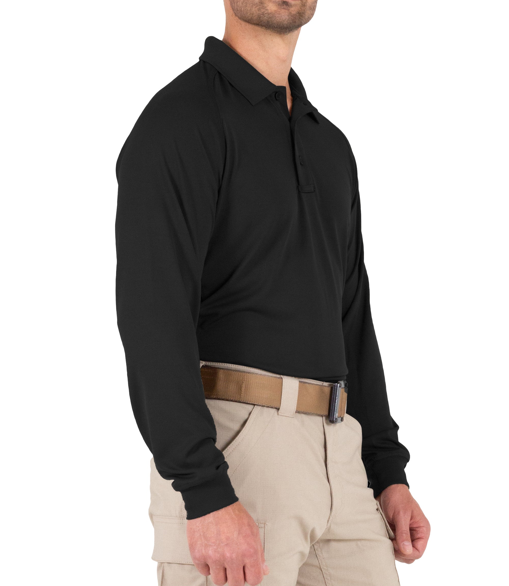 Side of Men's Performance Long Sleeve Polo in Black |color_black