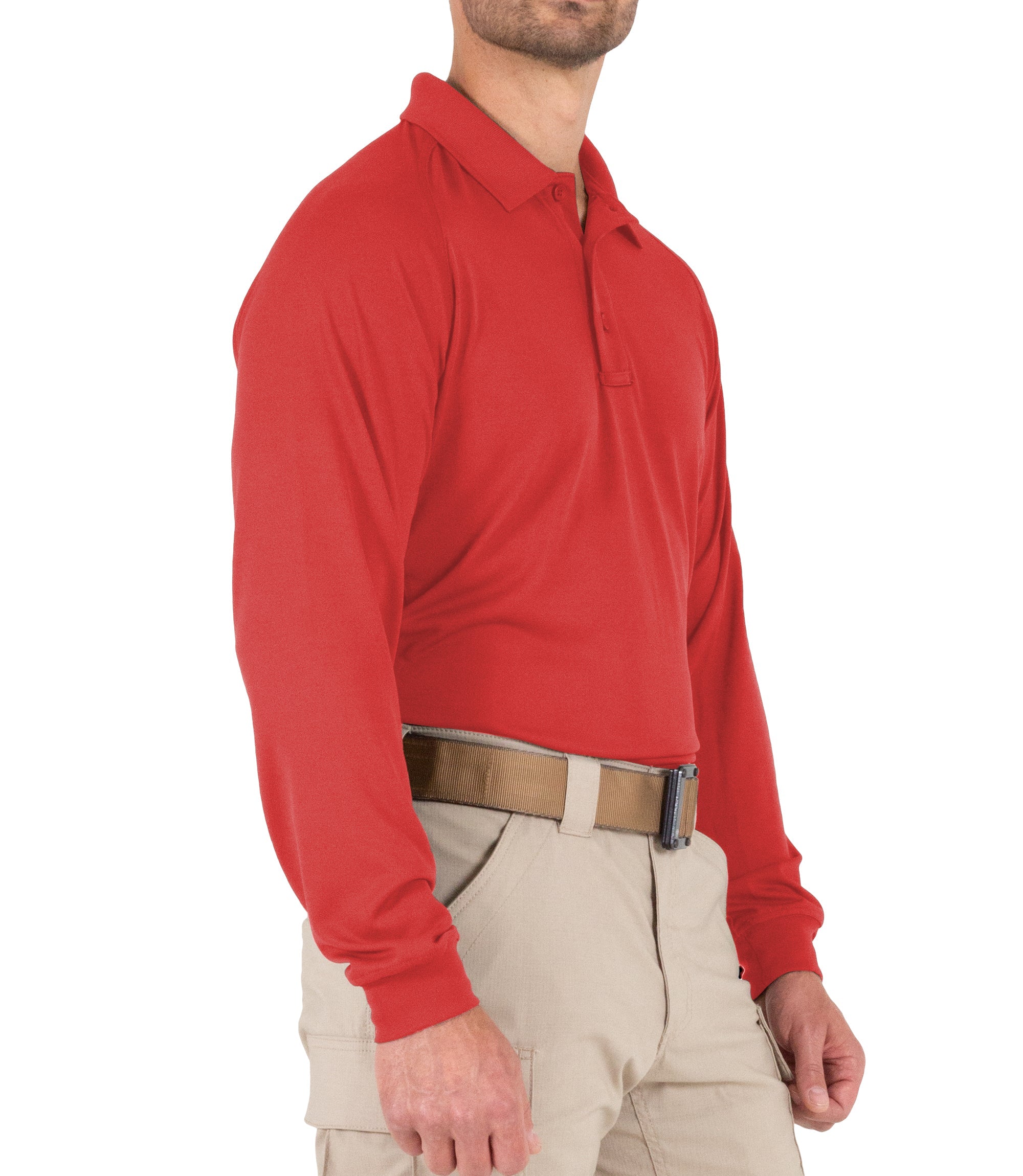 Side of Men's Performance Long Sleeve Polo in Red |color_red