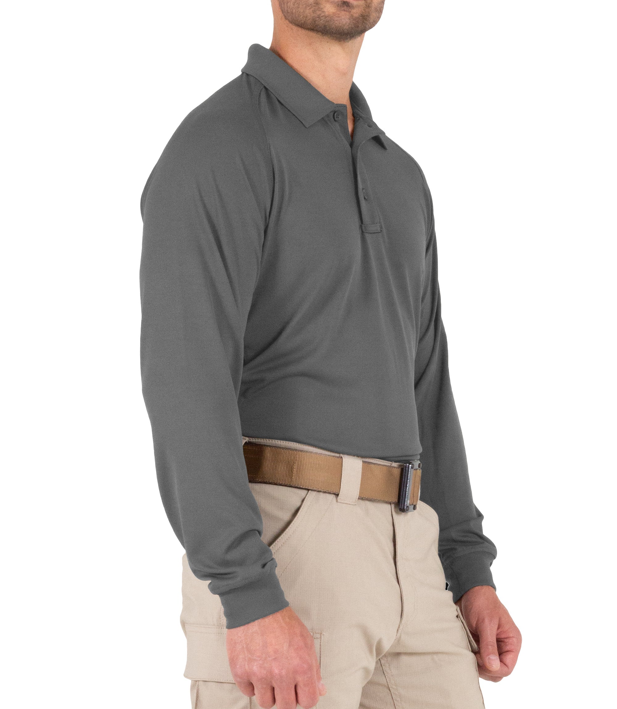 Side of Men's Performance Long Sleeve Polo in Wolf Grey |color_wolf grey