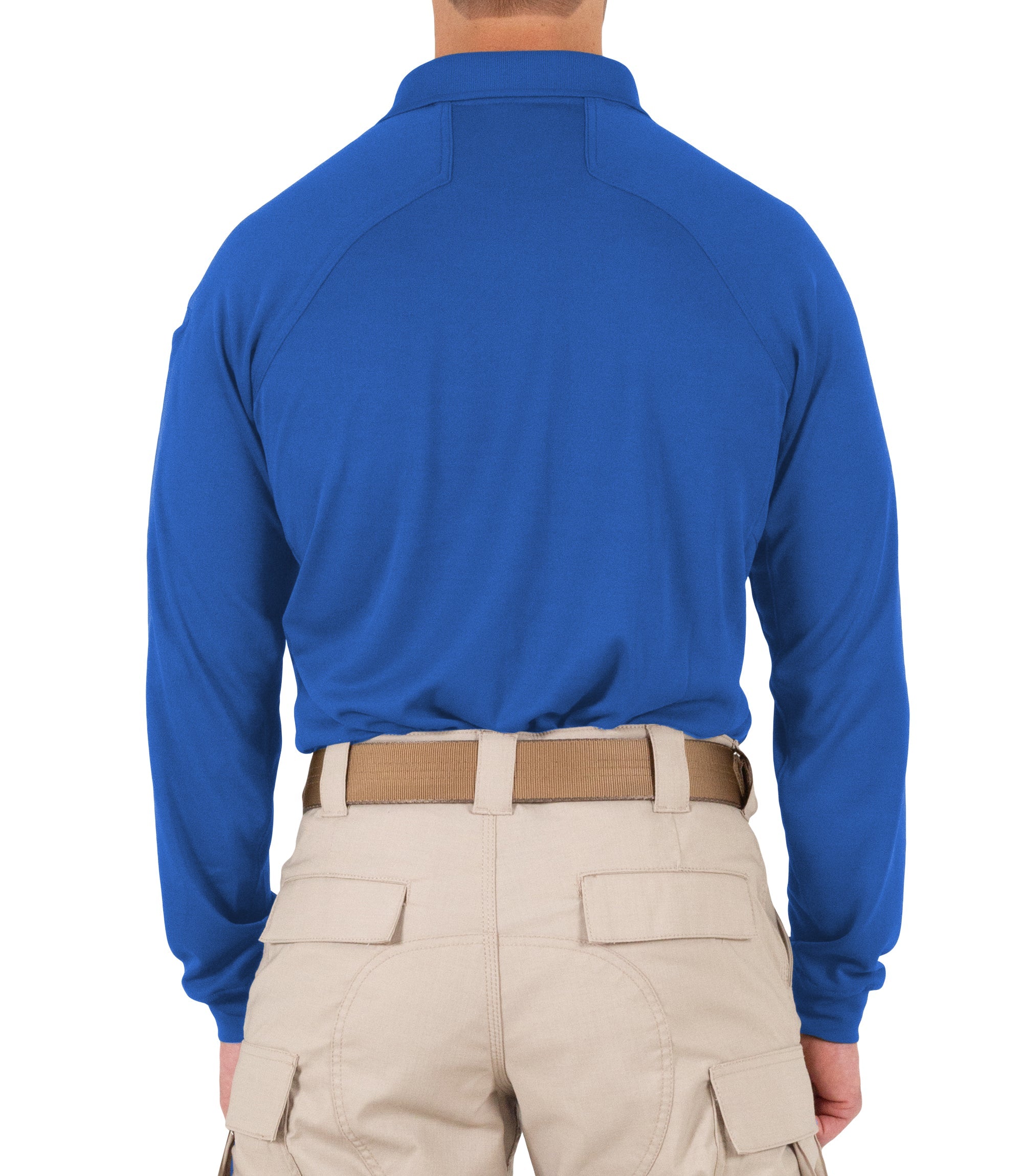Back of Men's Performance Long Sleeve Polo in Academy Blue |color_academy blue
