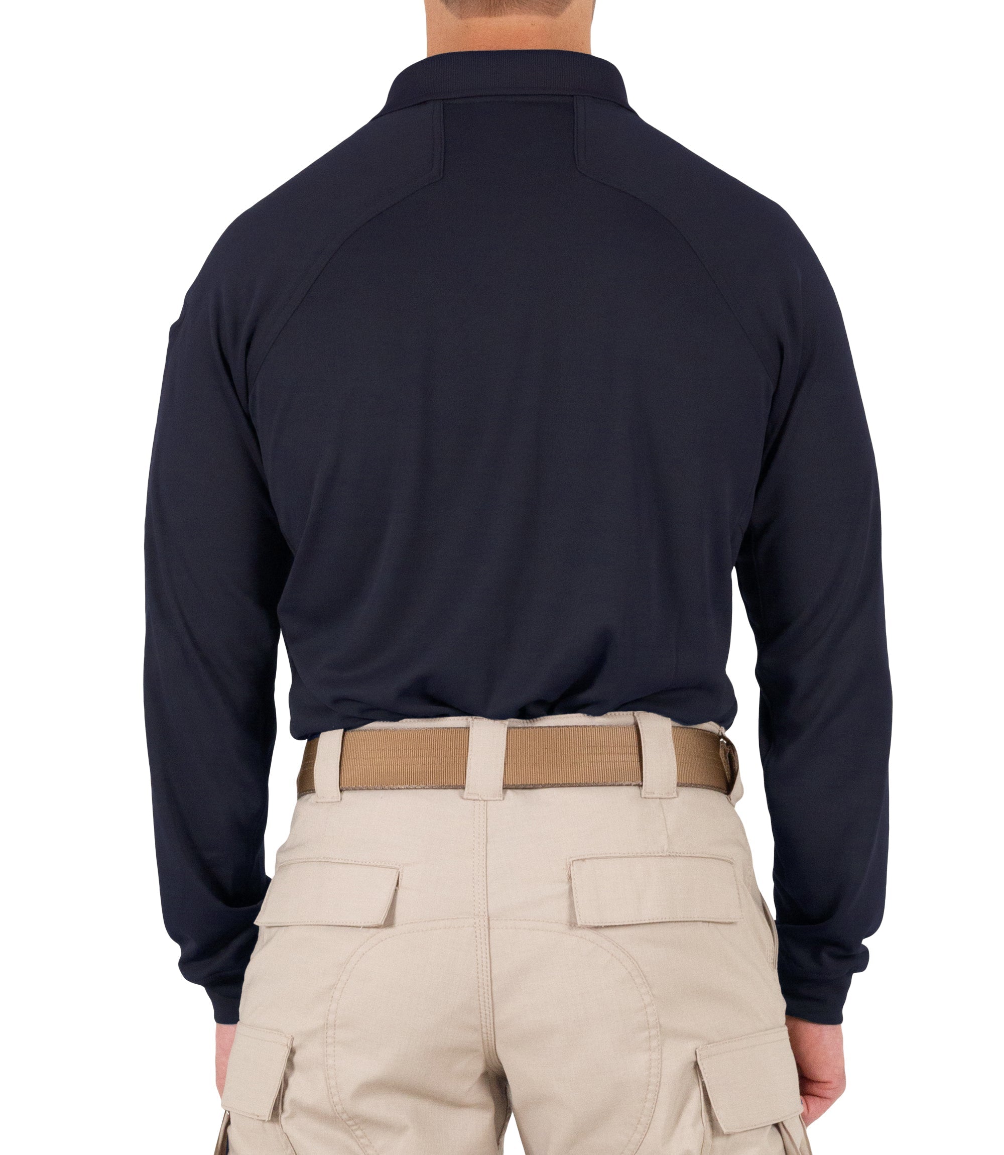 Back of Men's Performance Long Sleeve Polo in Midnight Navy |color_midnight navy