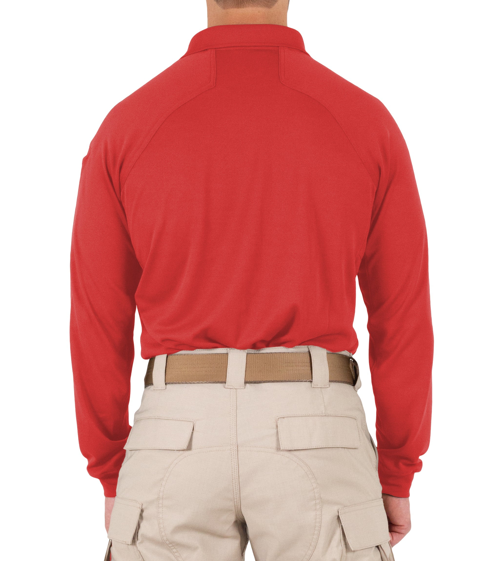 Back of Men's Performance Long Sleeve Polo in Red |color_red